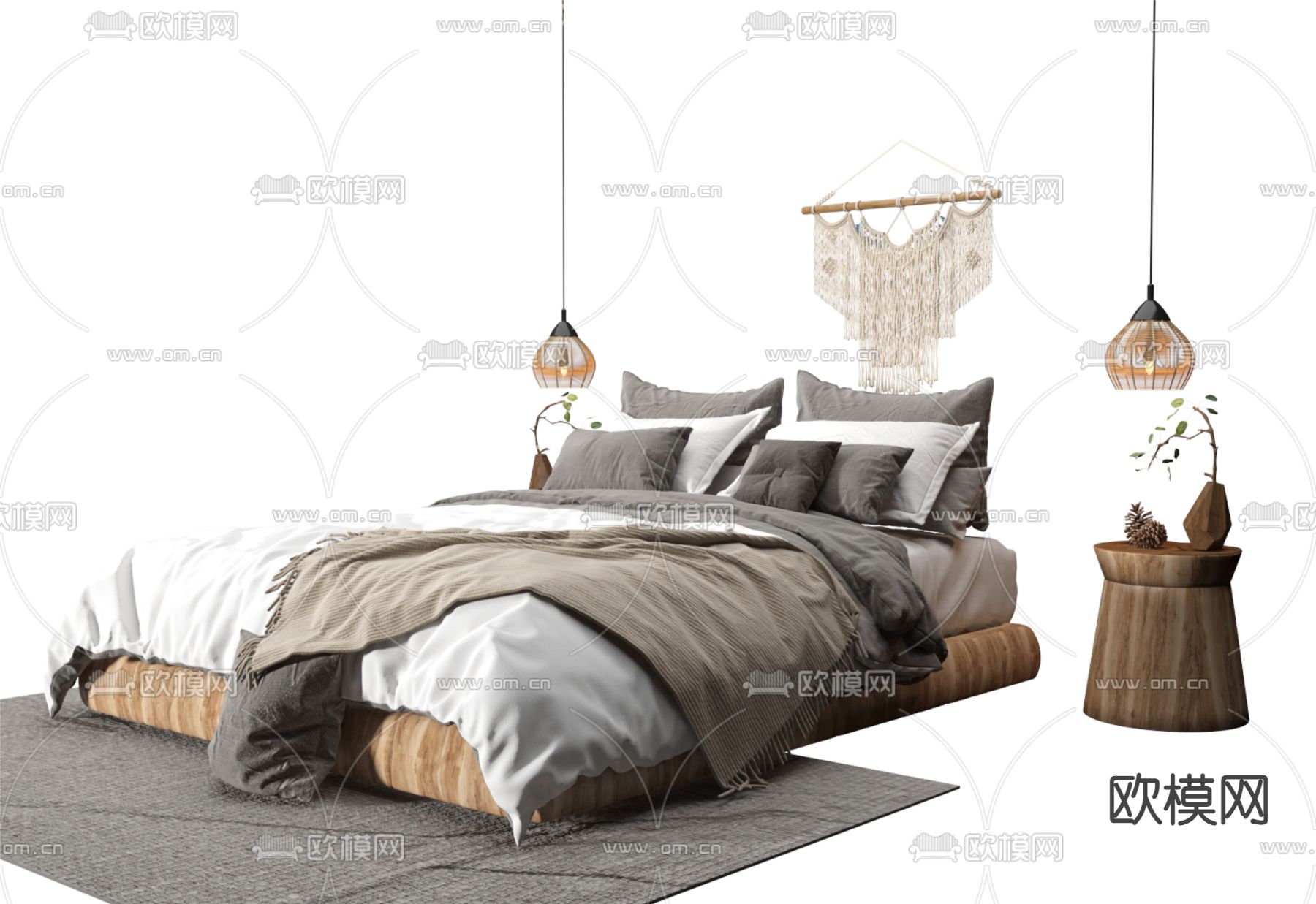 侘寂双人床3d模型下载（渲染图2）