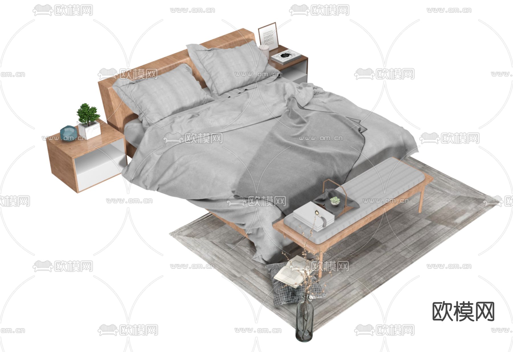 现代双人床3d模型下载（渲染图1）