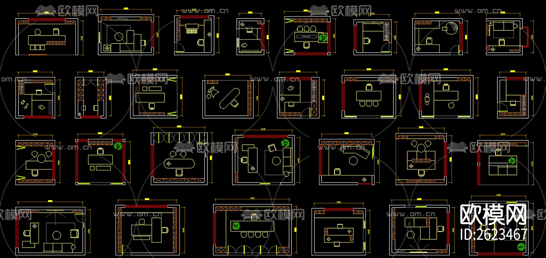 100个书房布局CAD施工图下载（渲染图3）