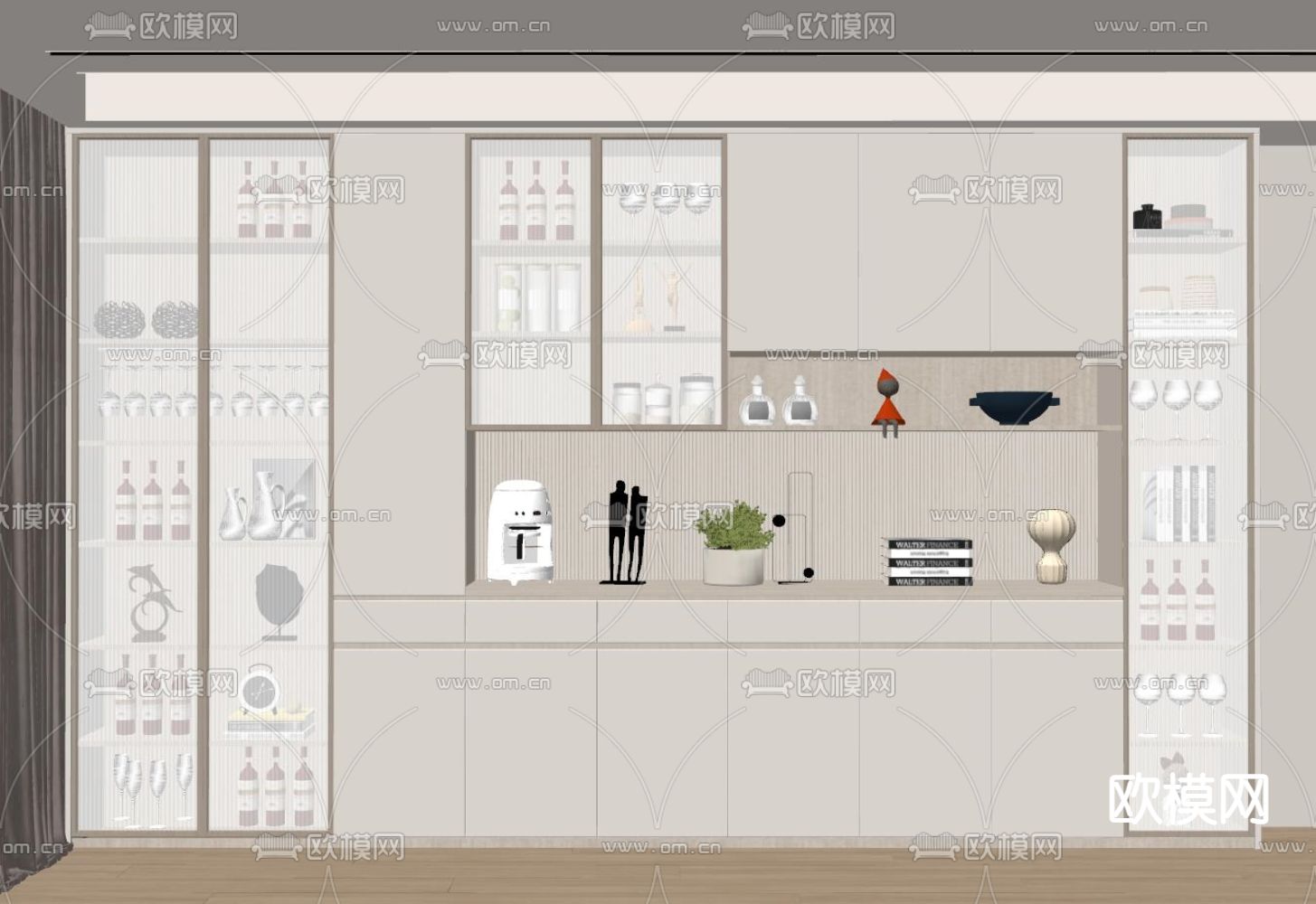 奶油风酒柜su模型下载（渲染图2）