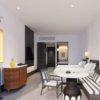  中古风民宿 客房 双床房su模型 