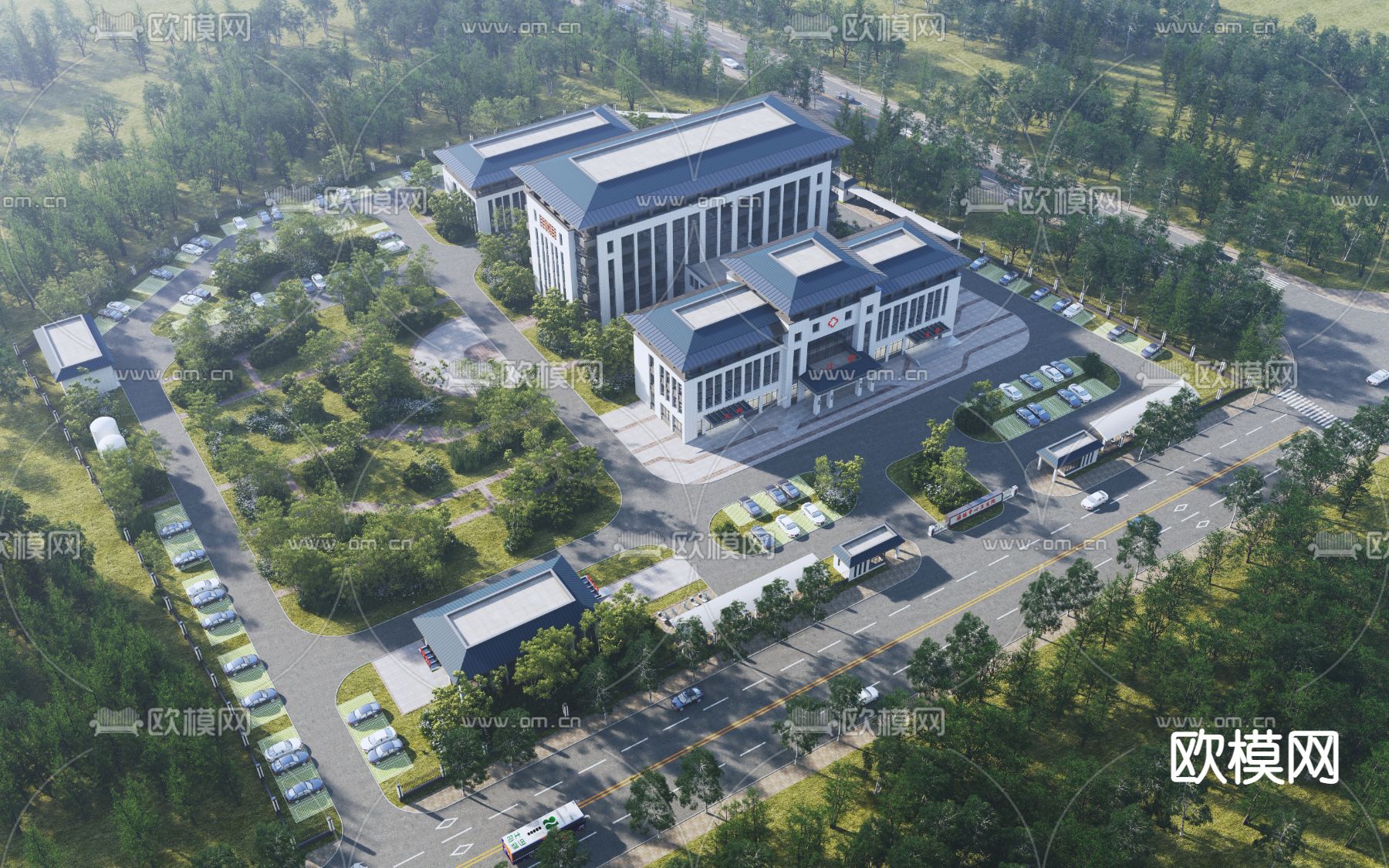 新中式医院鸟瞰3d模型下载