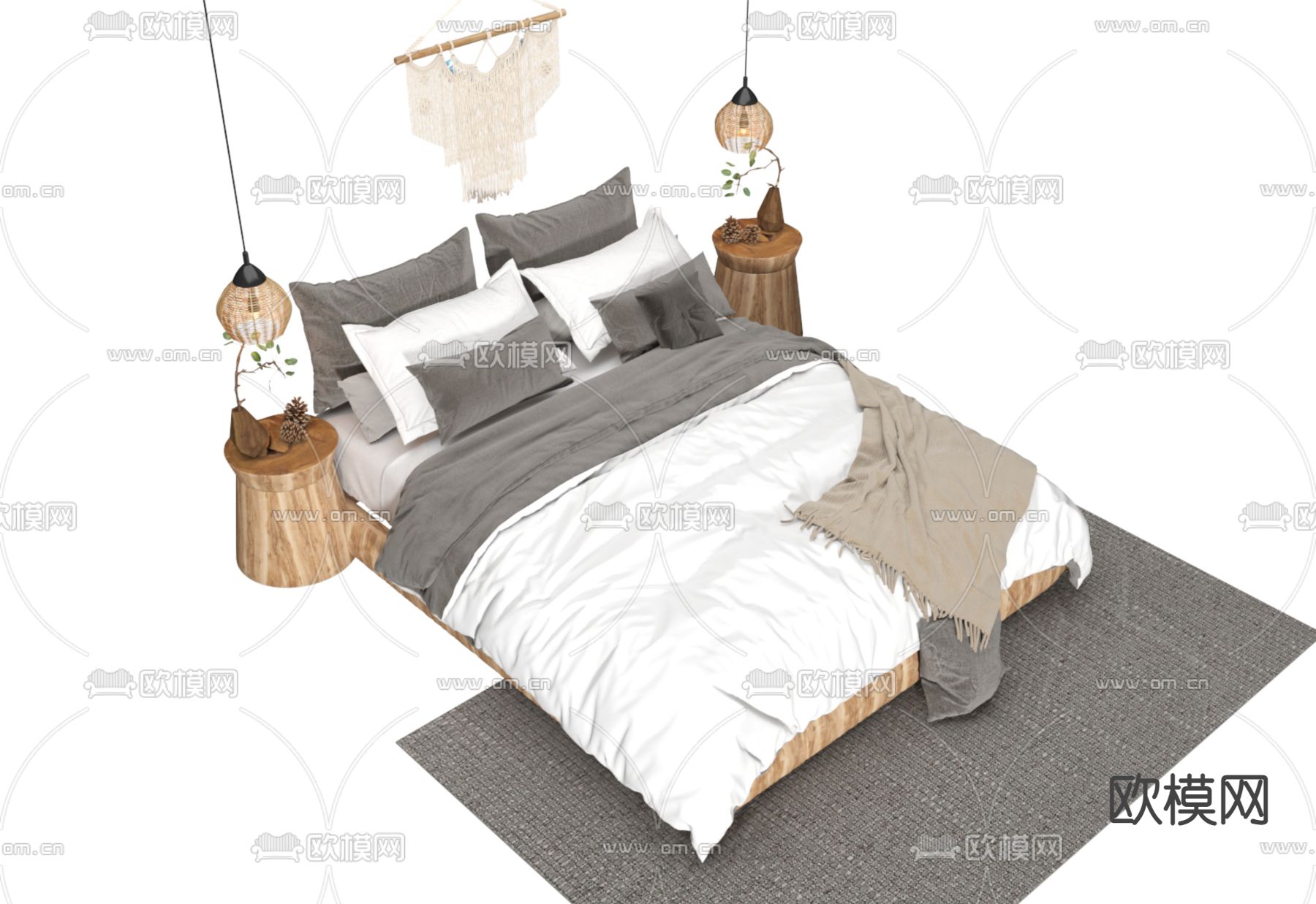 侘寂双人床3d模型下载（渲染图1）