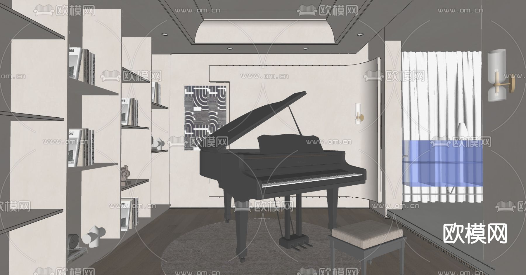 奶油风钢琴室 琴房su模型下载（渲染图2）