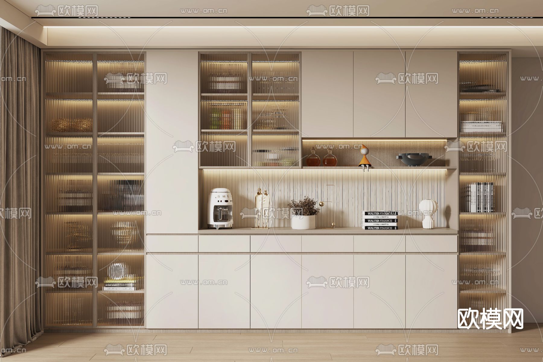 奶油风酒柜su模型下载（渲染图1）