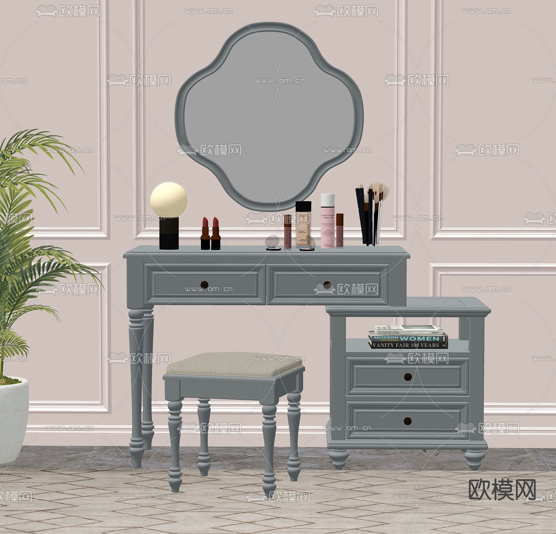 美式梳妆台 化妆台su模型下载（渲染图2）
