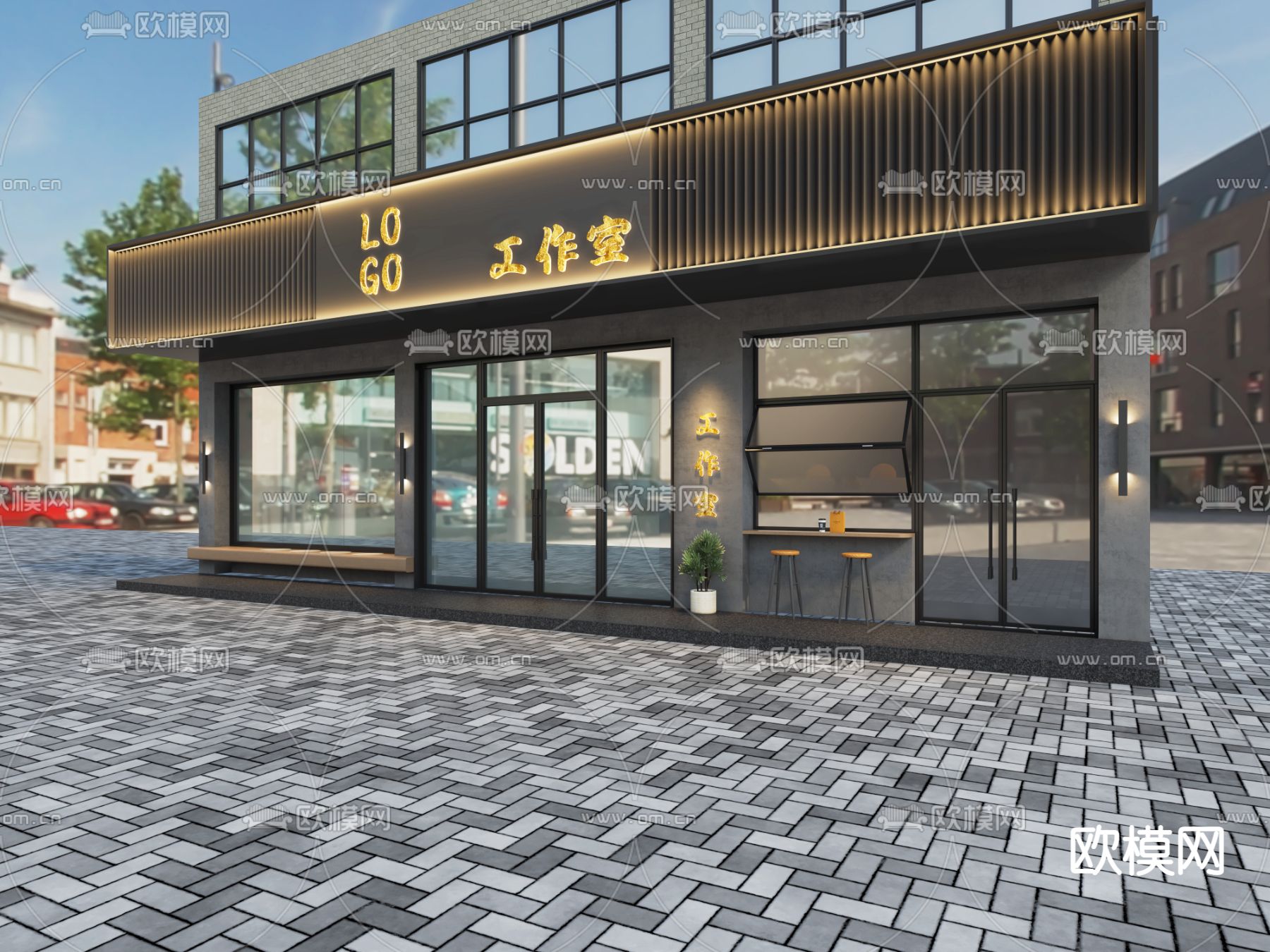 工作室门头 门面3d模型下载_ID14078140_3dmax免费模型-欧模网