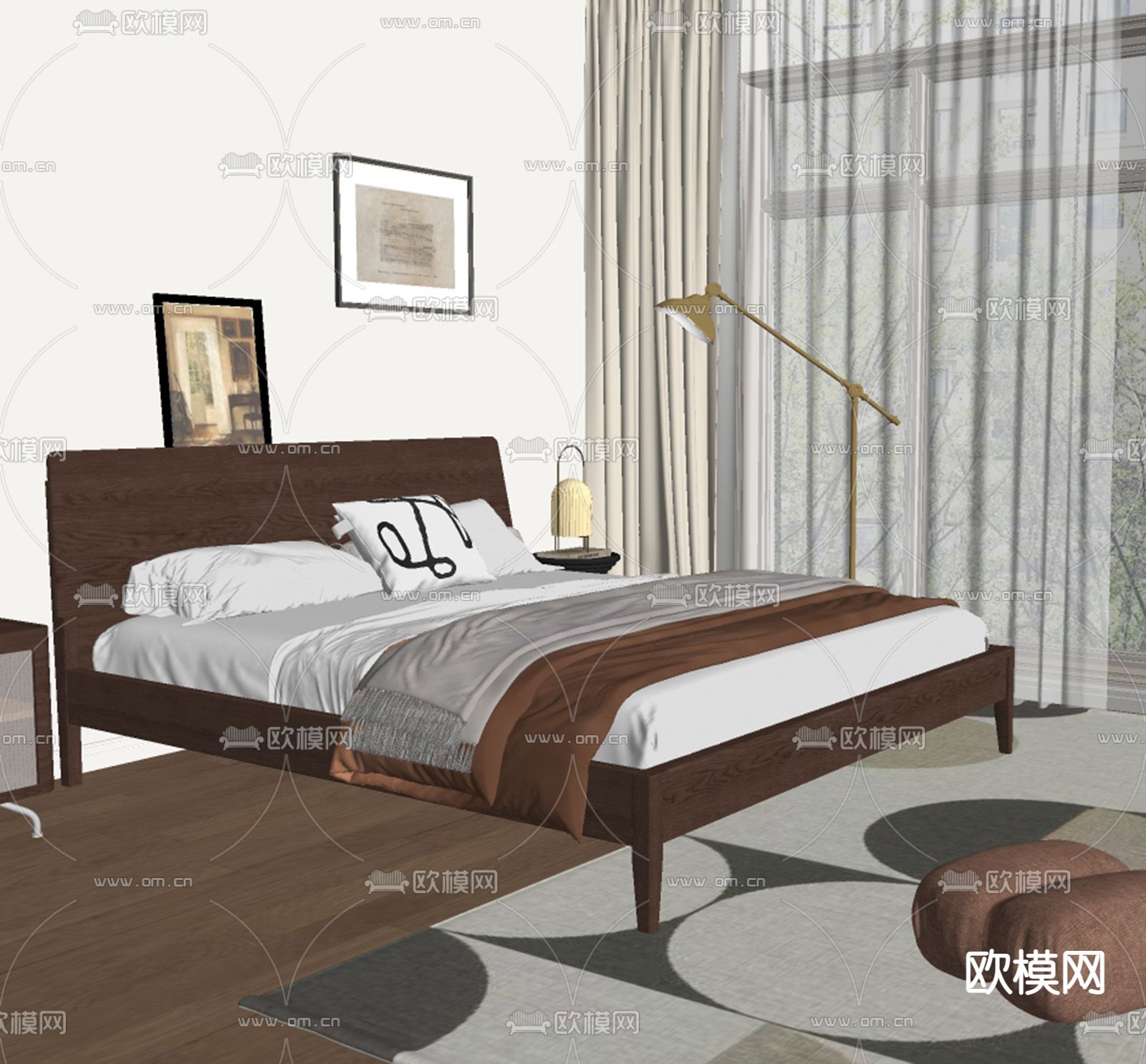 北欧风双人床su模型下载（渲染图2）