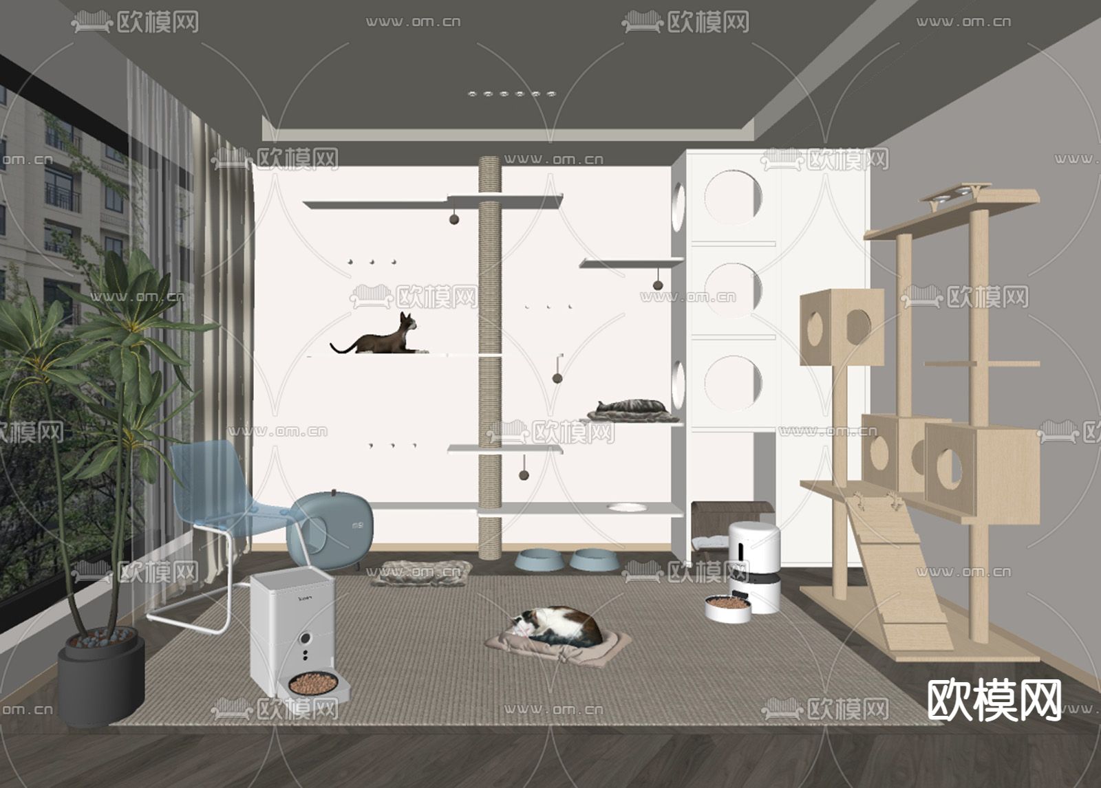 宠物用品 猫爬架 喂食器su模型下载（渲染图2）