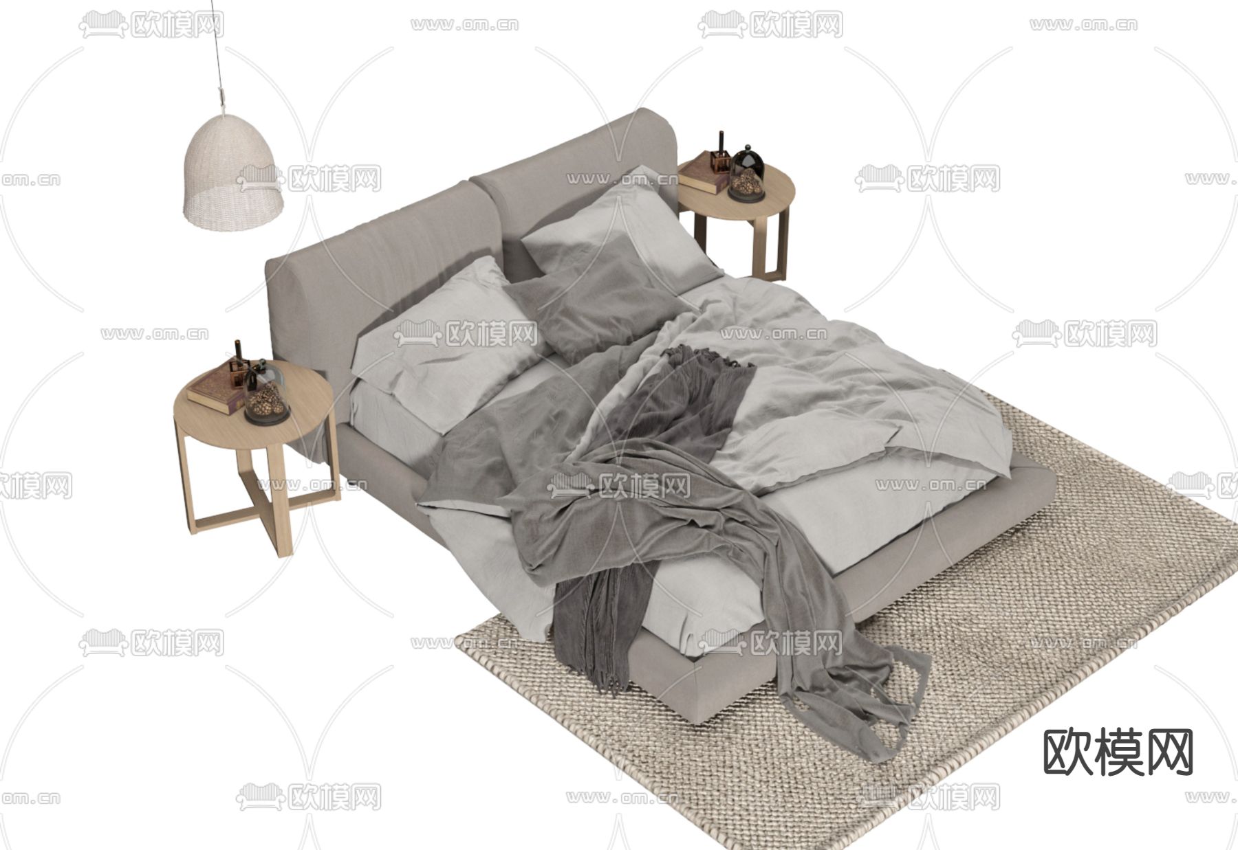 侘寂双人床3d模型下载（渲染图2）
