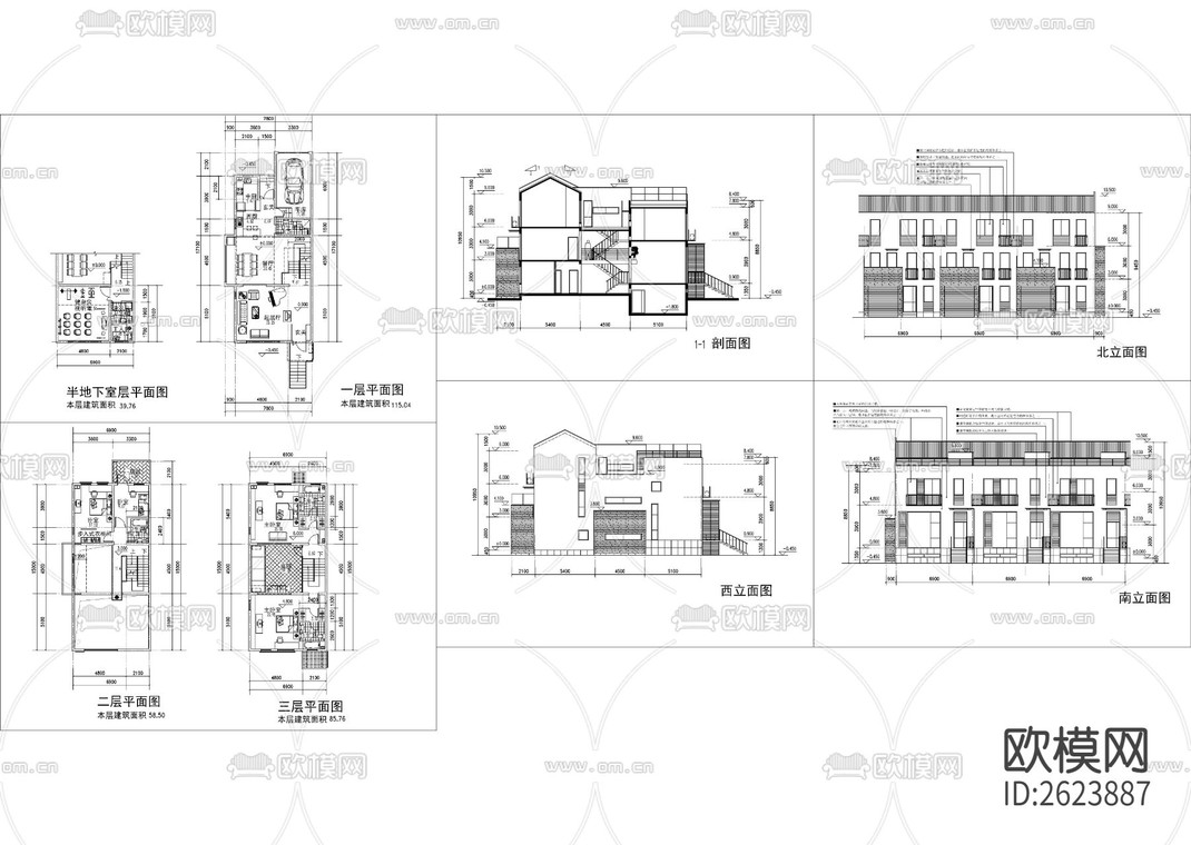 三百平联排别墅CAD施工图-免费3dmax模型库-欧模网
