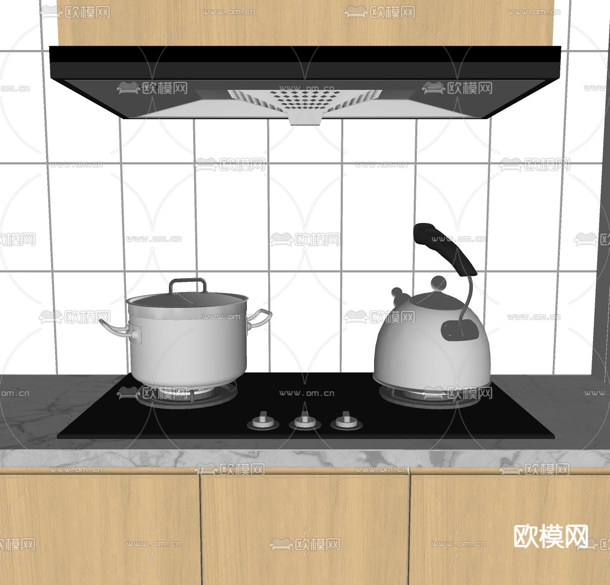 抽油烟机 燃气灶 锅 煮水壶su模型下载（渲染图2）
