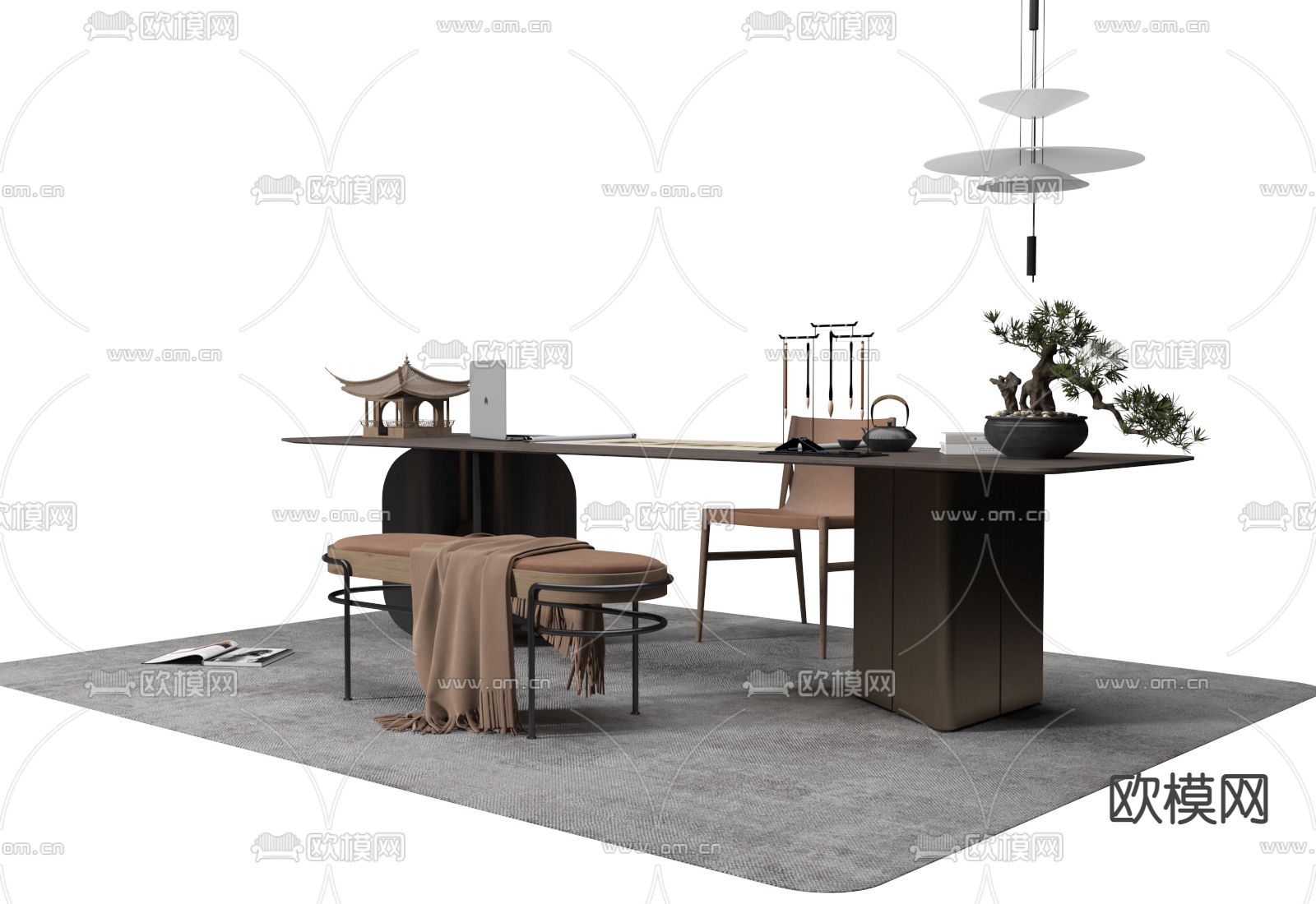 中式书桌椅3d模型下载（渲染图2）