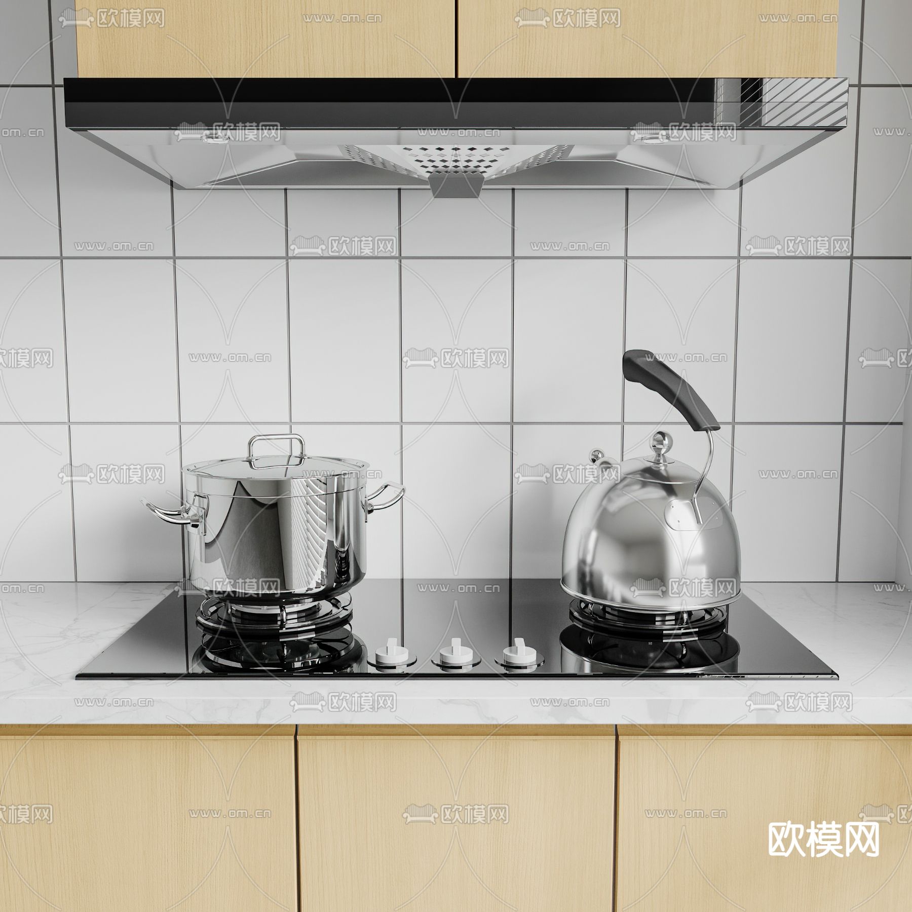 抽油烟机 燃气灶 锅 煮水壶su模型下载（渲染图1）