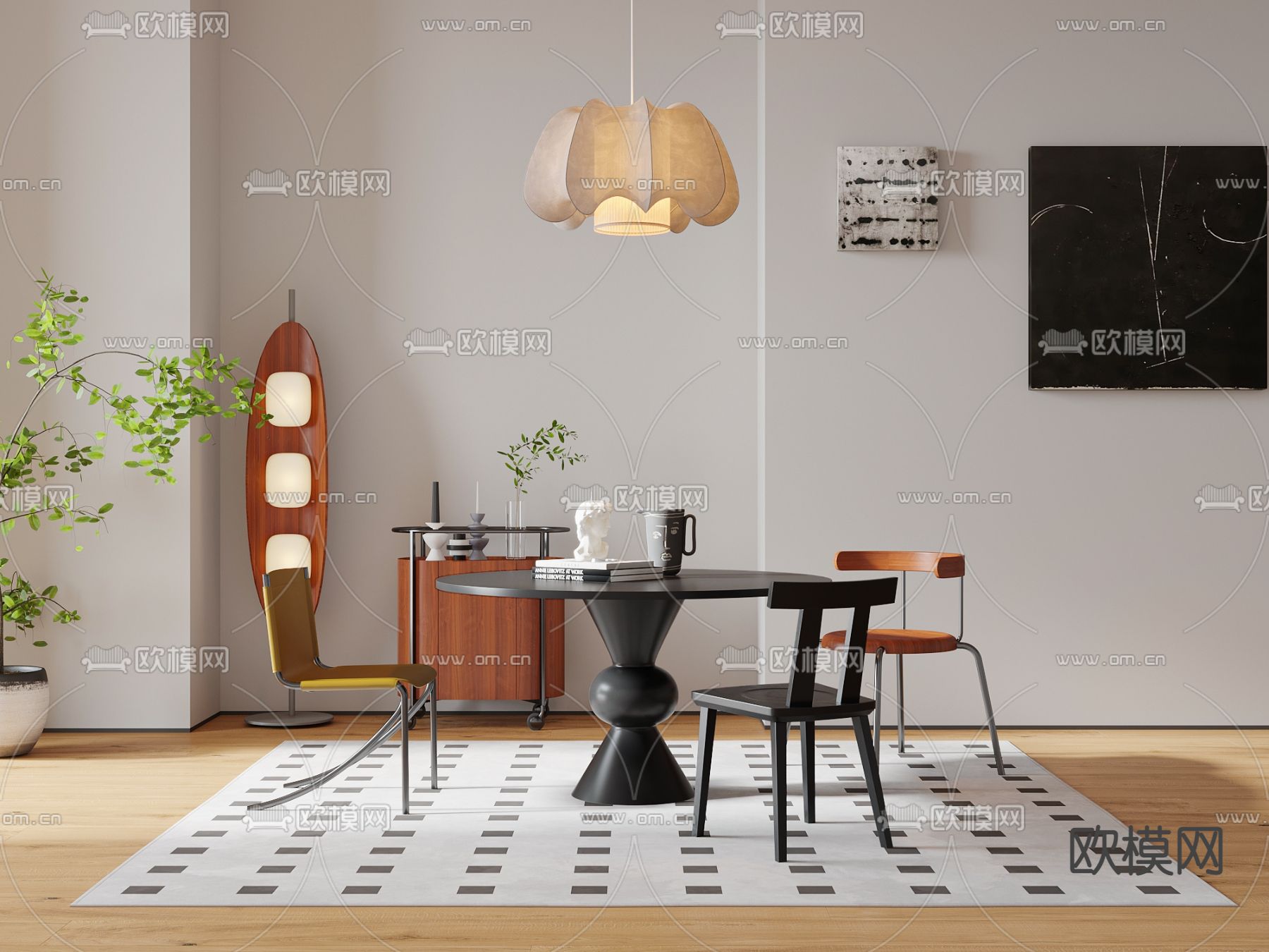 中古风餐桌椅3d模型下载