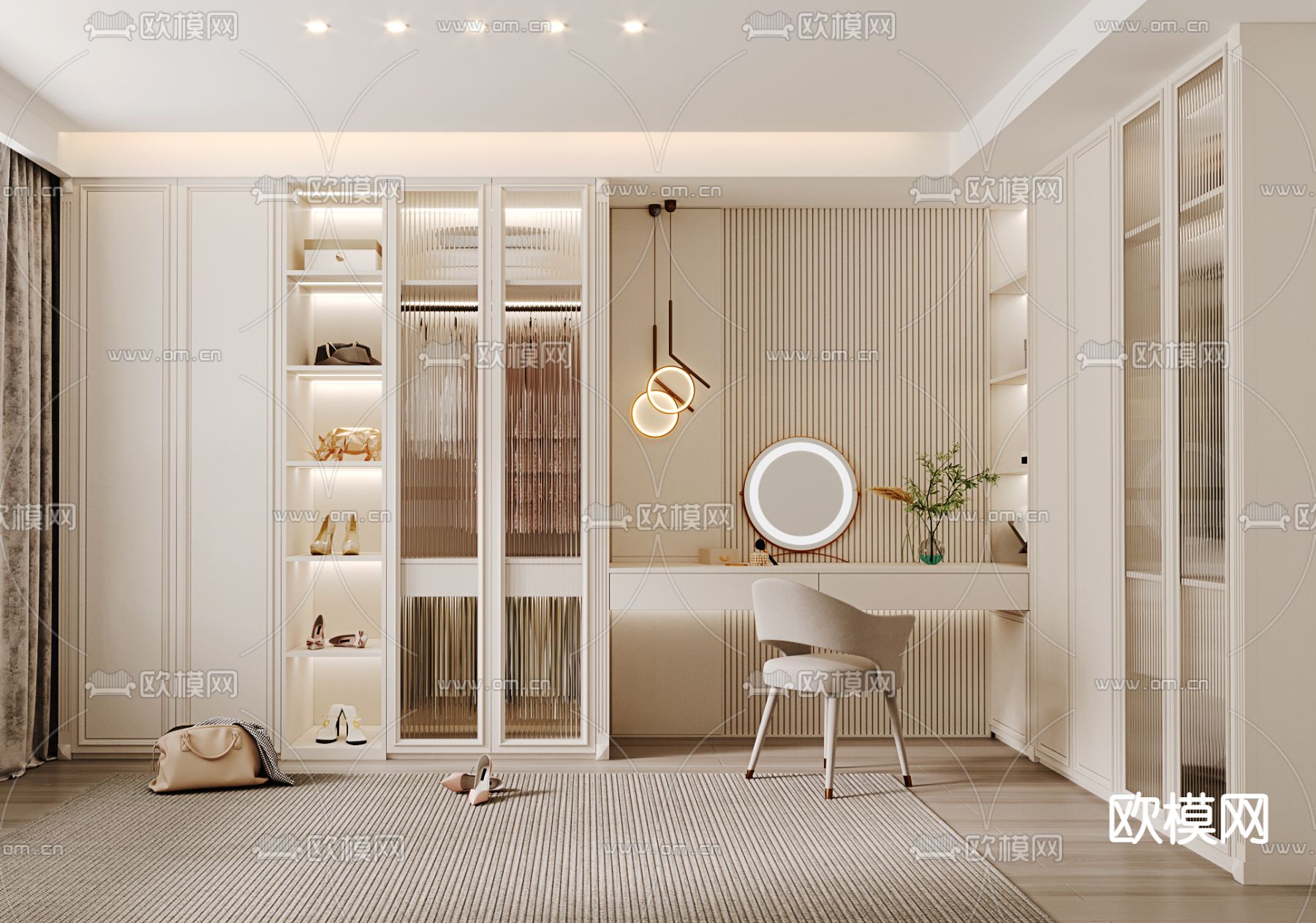 简欧衣帽间 一体式衣柜su模型下载（渲染图1）