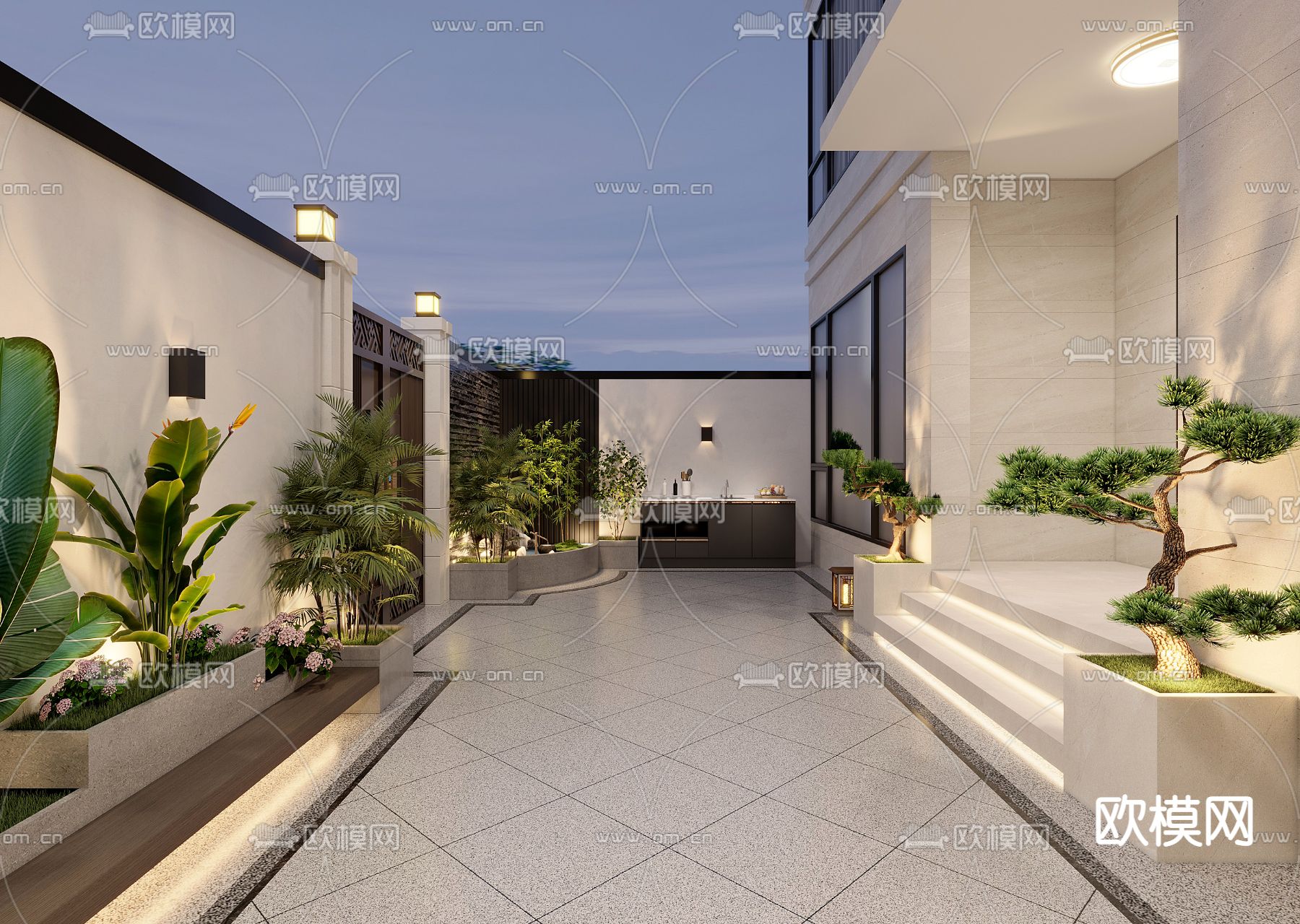 新中式庭院3d模型下载（渲染图2）