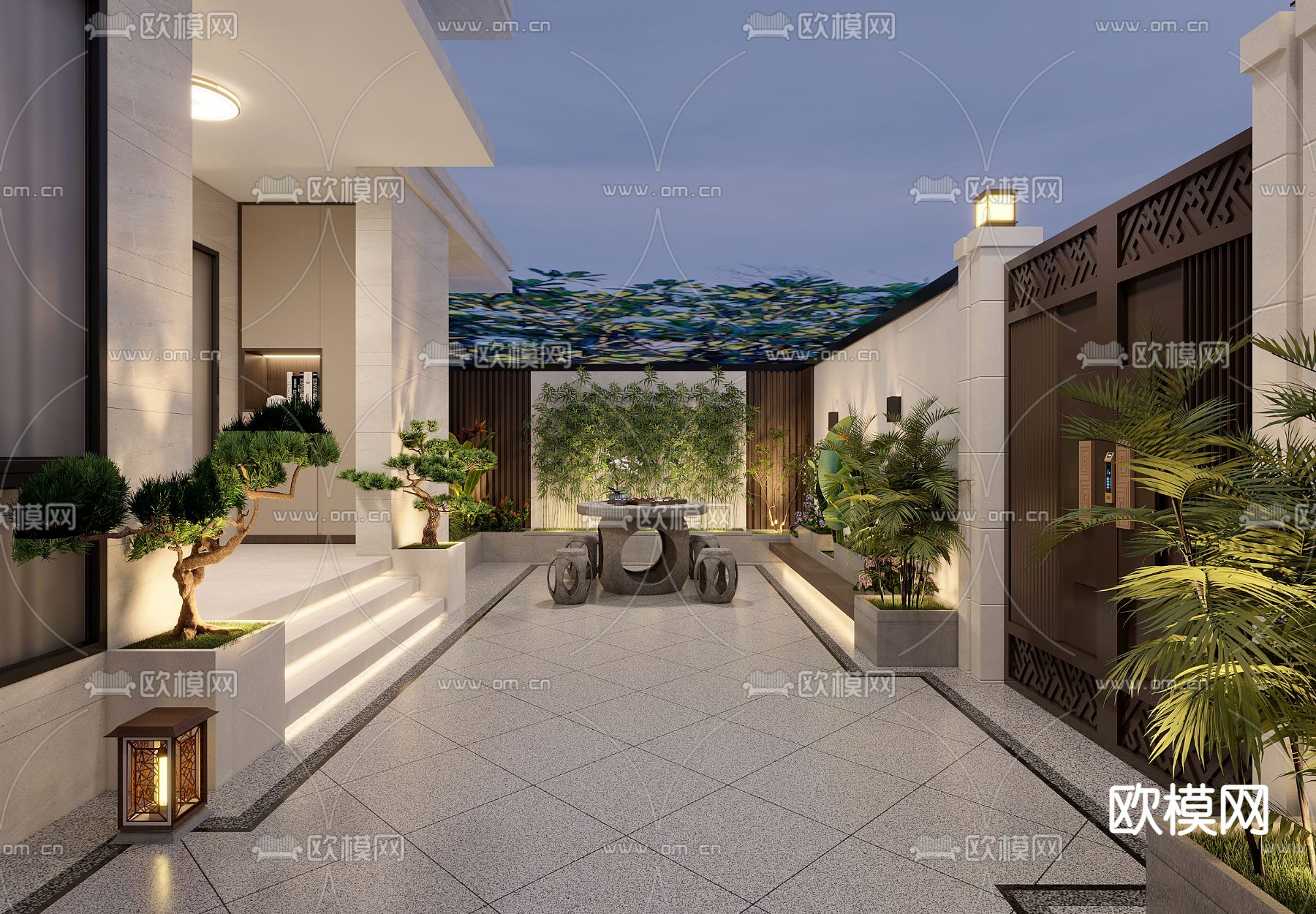 新中式庭院3d模型下载（渲染图1）