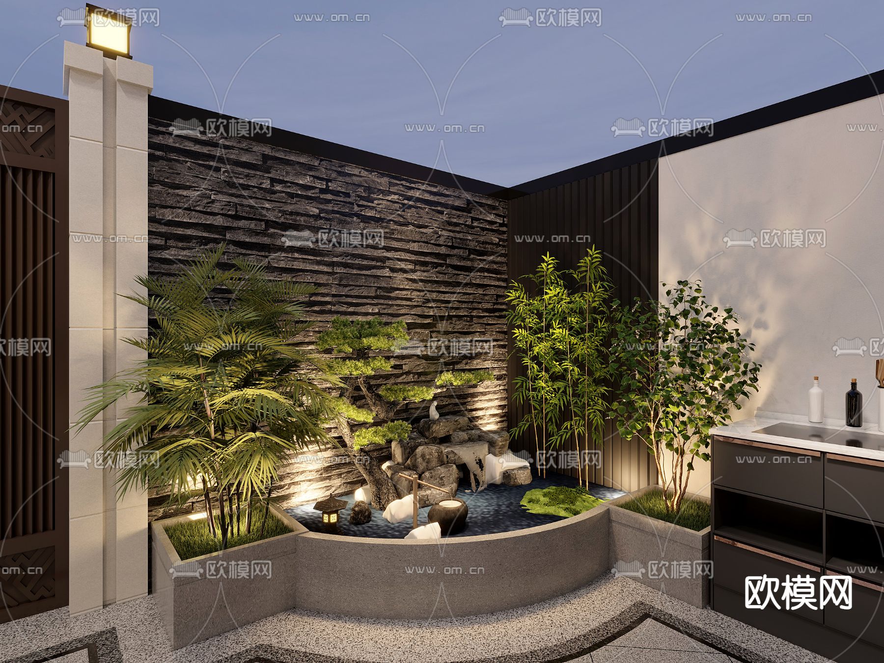 新中式庭院3d模型下载（渲染图3）