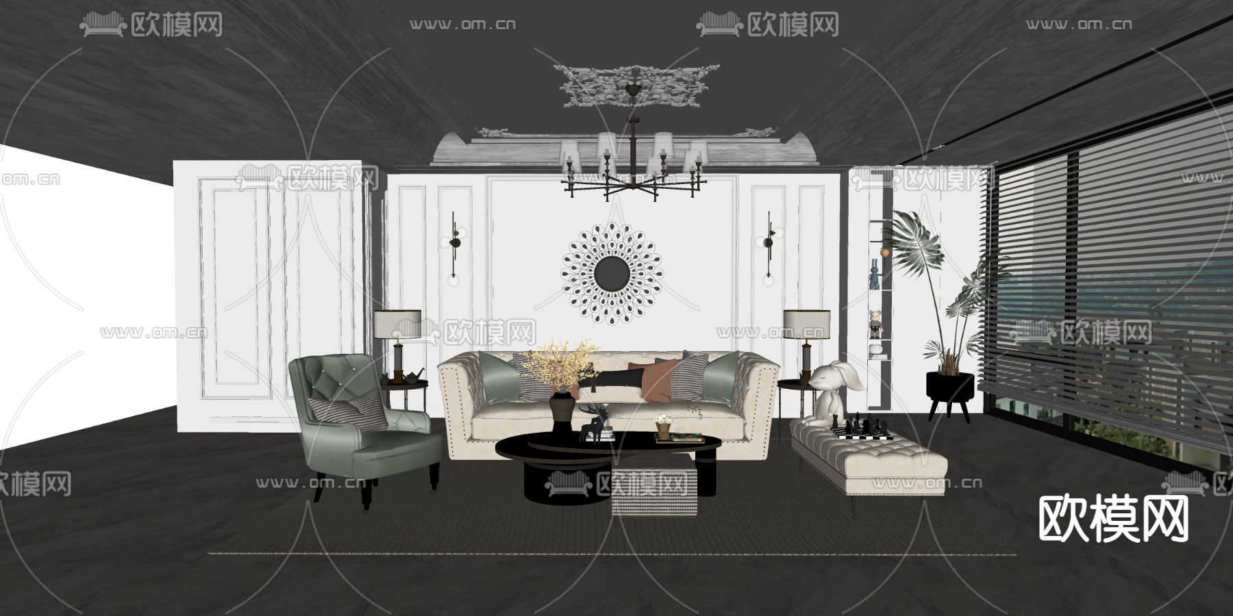 简欧客厅su模型下载（渲染图2）
