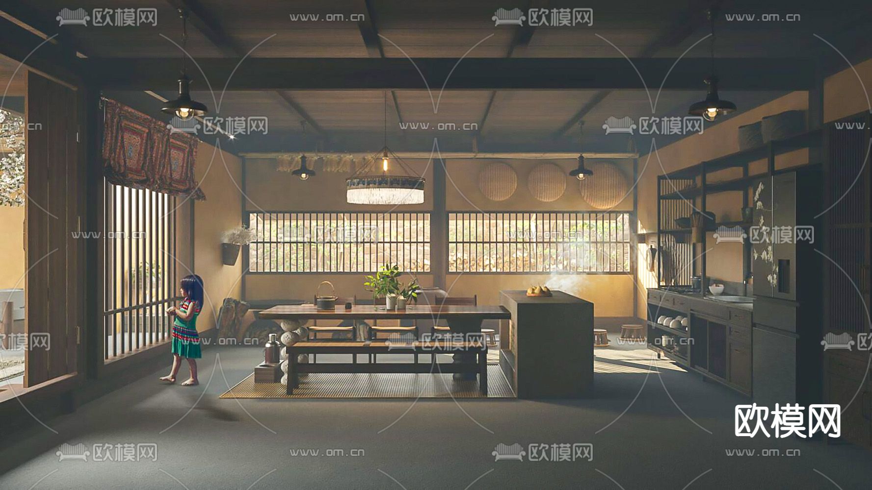 侘寂风民宿厨房餐厅su模型下载（渲染图1）