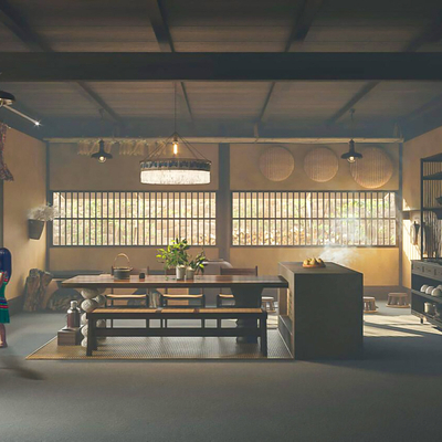  侘寂风民宿厨房餐厅su模型 