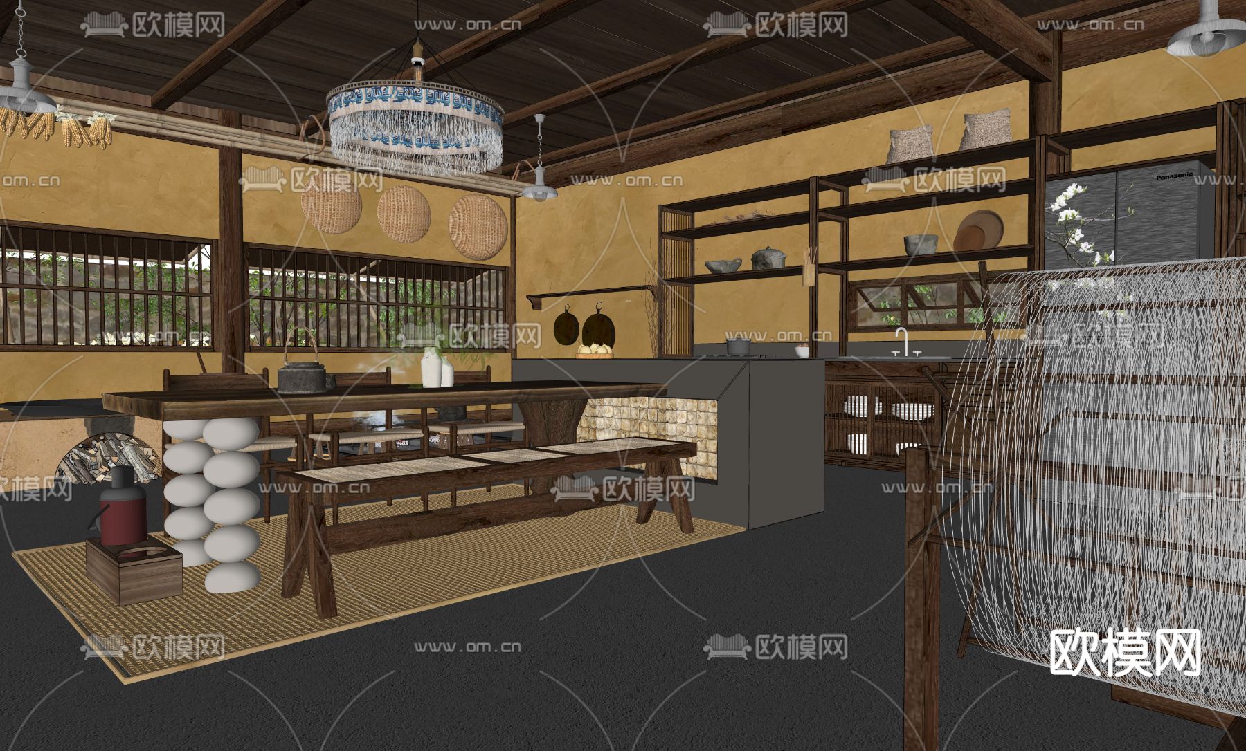 侘寂风民宿厨房餐厅su模型下载（渲染图2）
