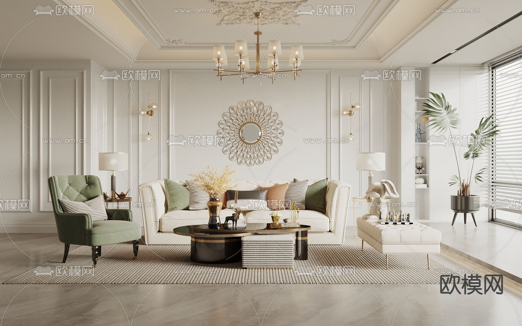 简欧客厅su模型下载（渲染图1）