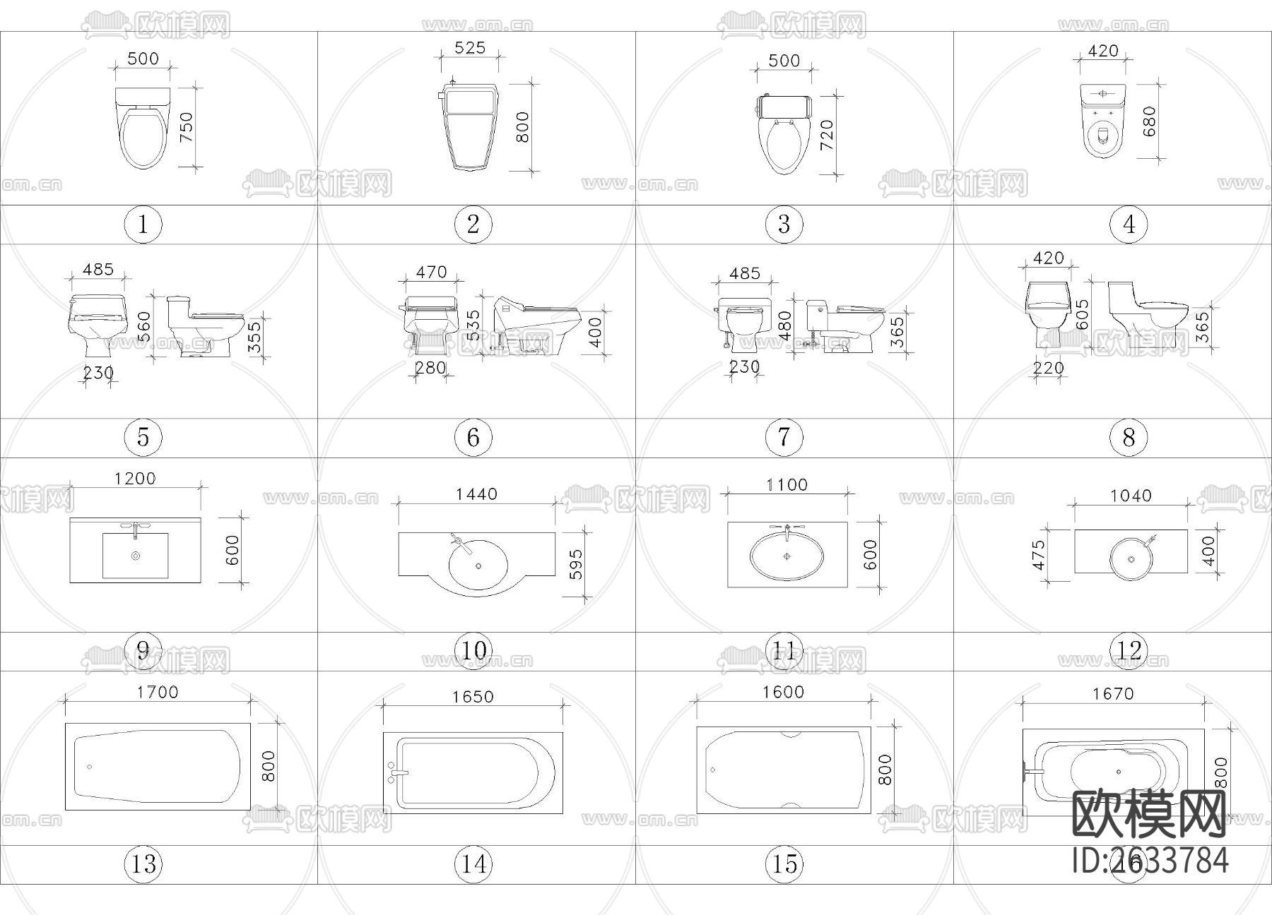 带尺寸的马桶水池花洒合集cad图库下载（渲染图1）