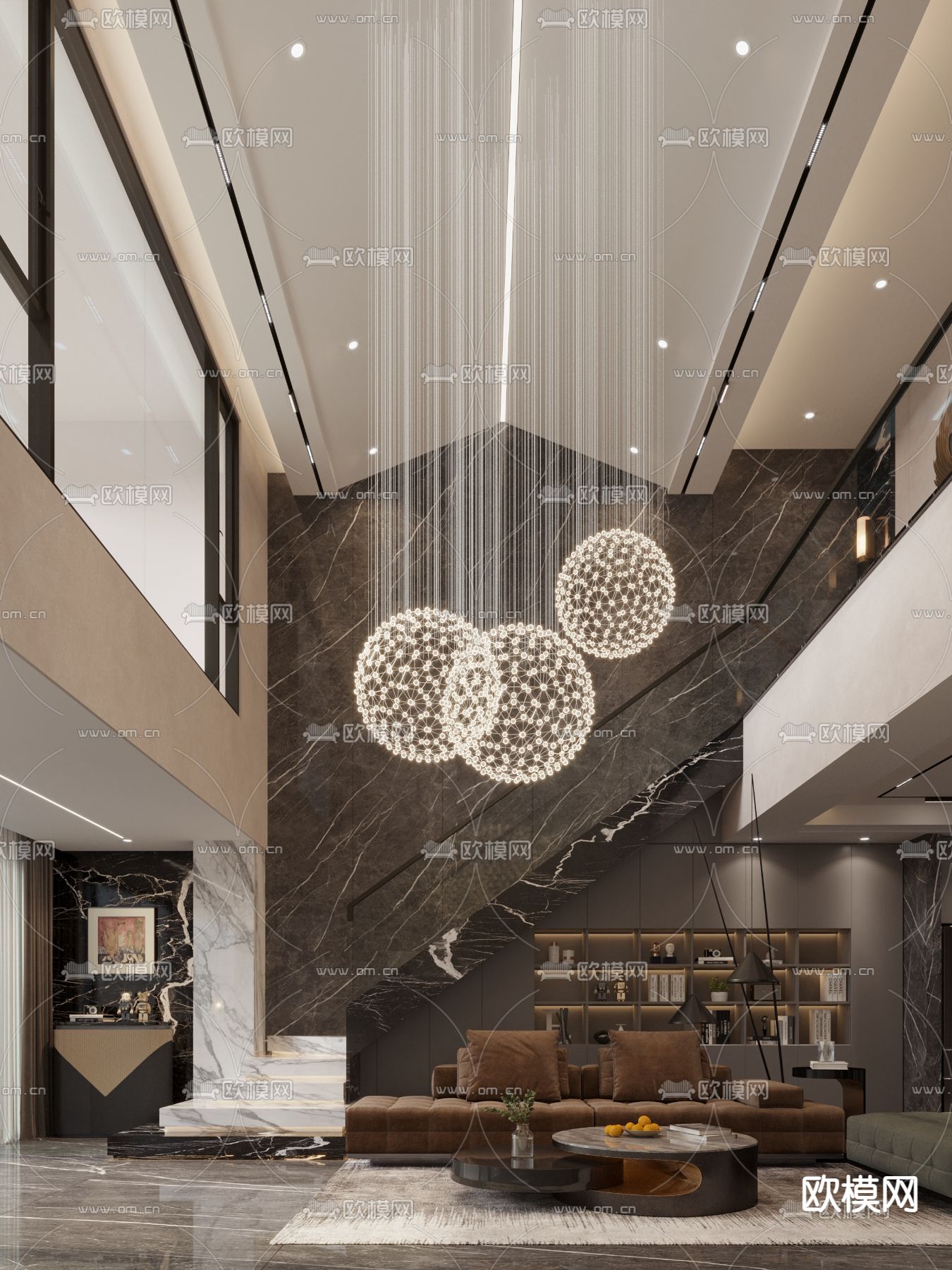 现代挑空客厅su模型下载（渲染图1）