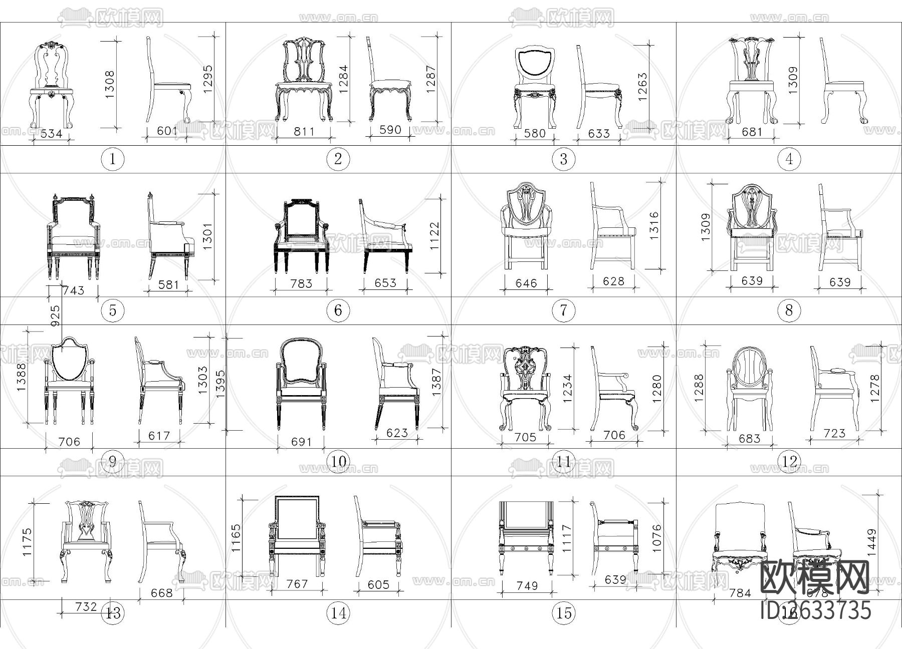 带尺寸法式风格座椅图集cad图库下载（渲染图1）