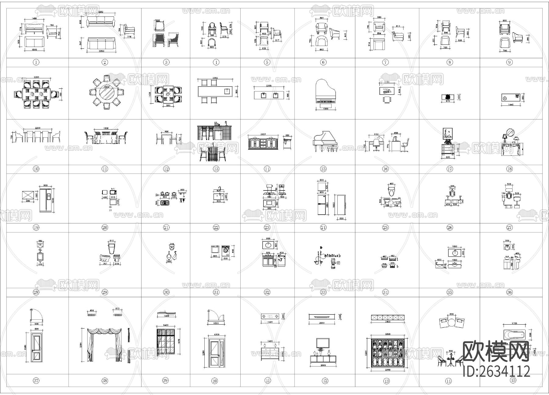 带尺寸轻奢餐桌 沙发座椅 柜子cad图库下载（渲染图2）