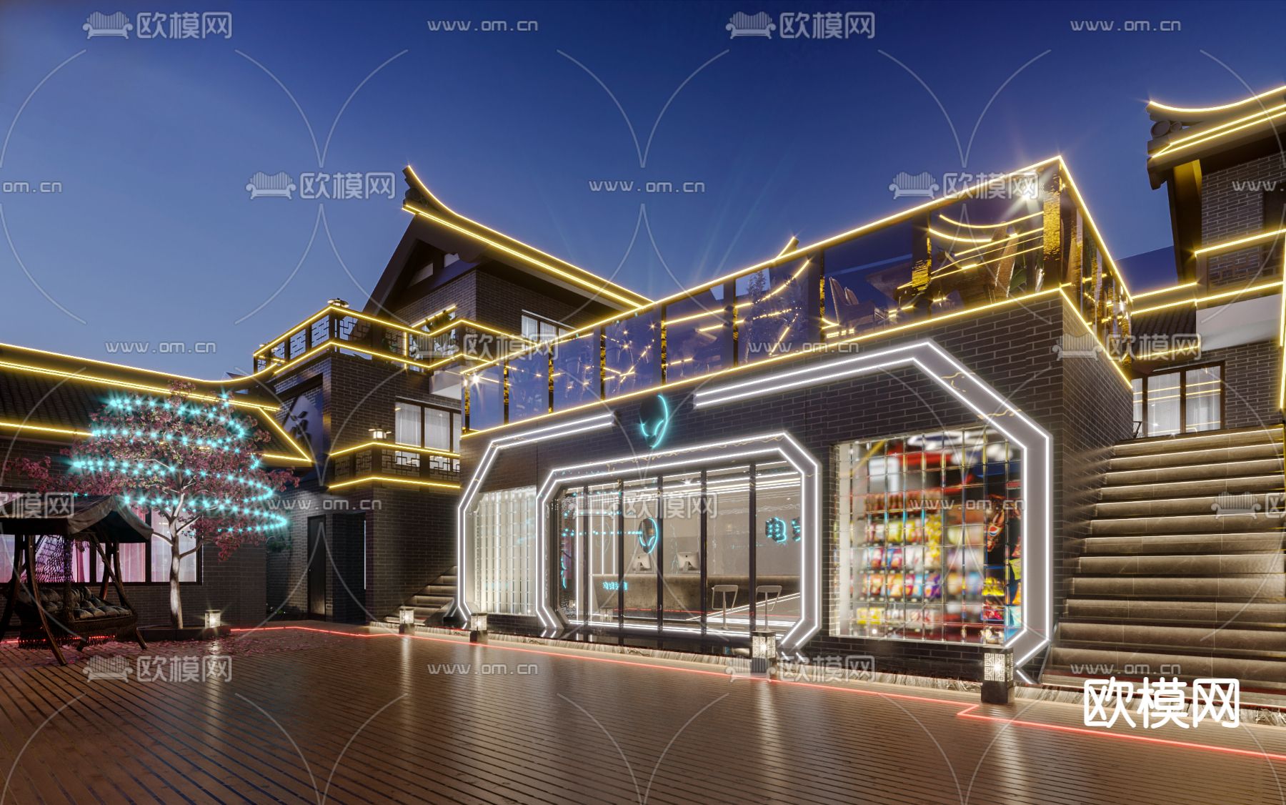 电竞酒店大门 门头门面3d模型下载（渲染图1）