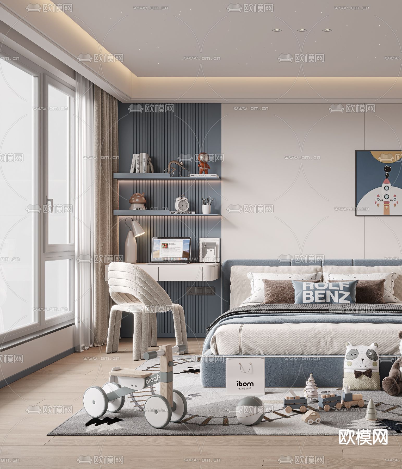 现代男孩房 儿童房 小孩房3d模型下载（渲染图2）