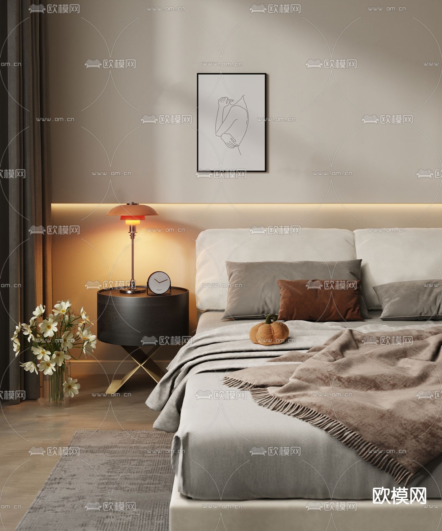 现代双人床su模型下载（渲染图1）