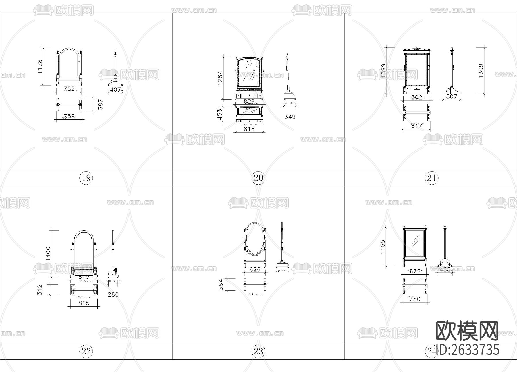 带尺寸法式风格座椅图集cad图库下载（渲染图4）