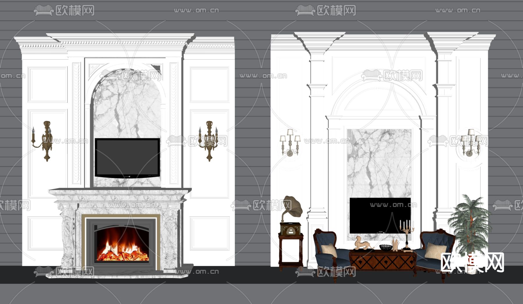 简欧壁炉背景墙su模型下载（渲染图2）