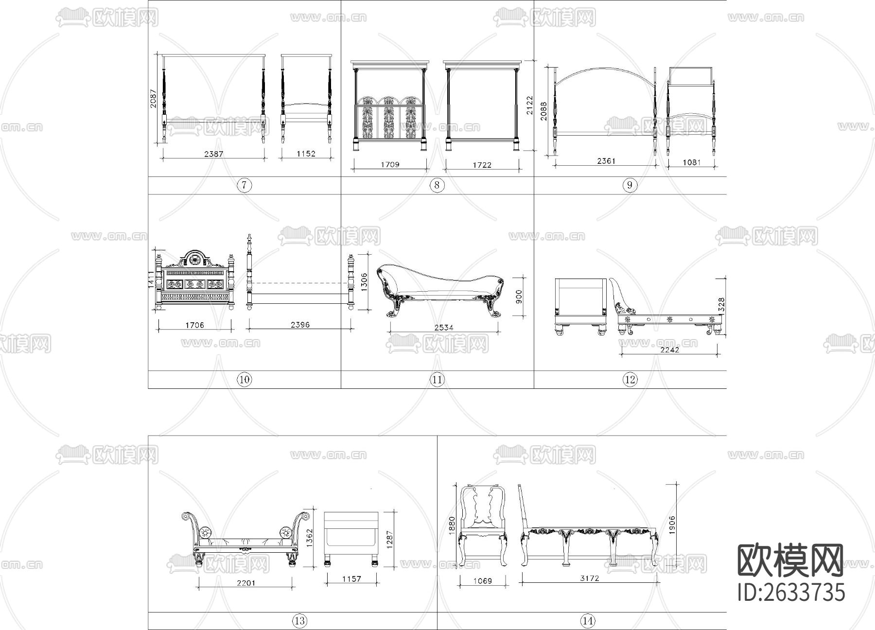 带尺寸法式风格座椅图集cad图库下载（渲染图3）