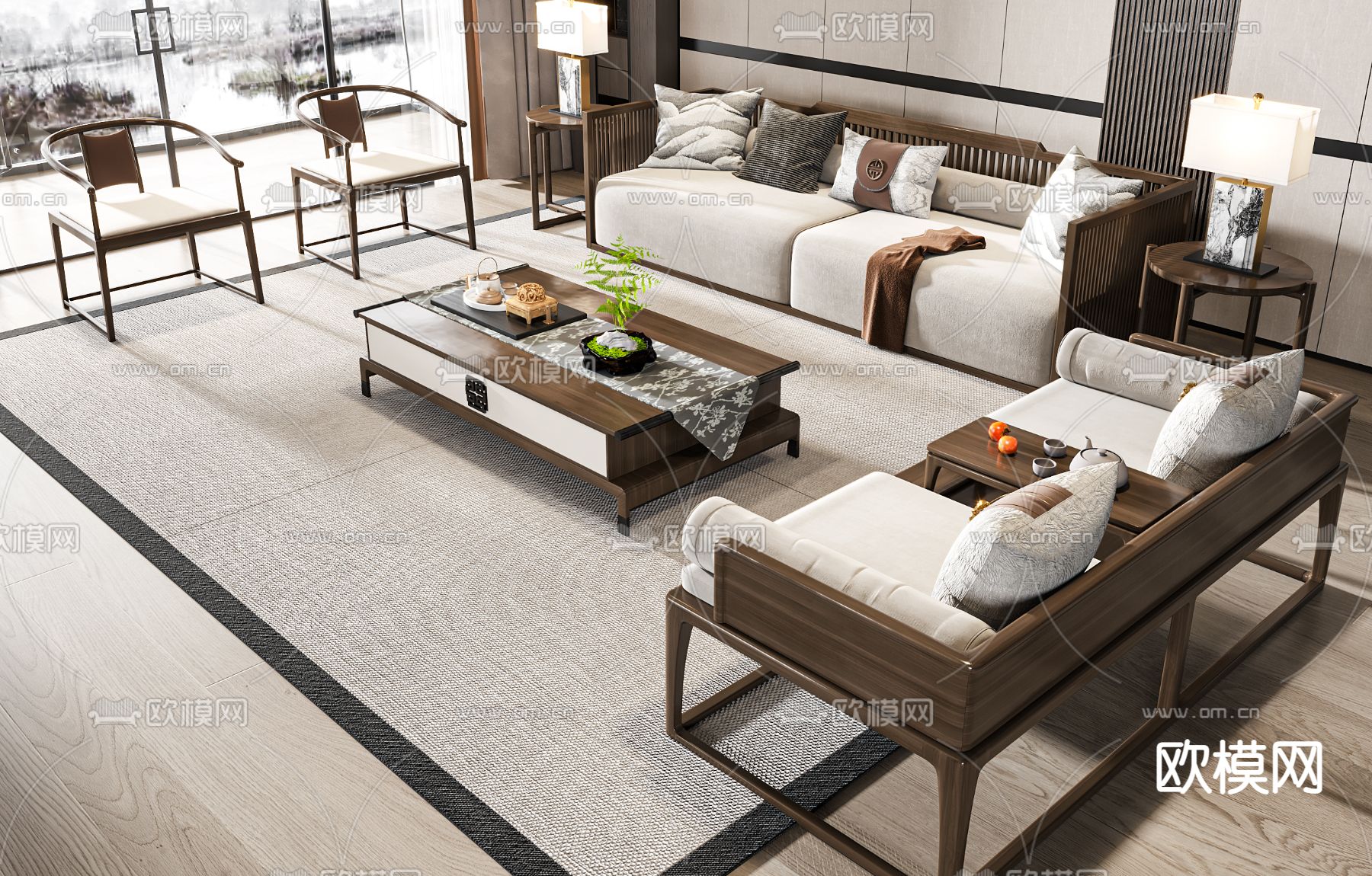 新中式沙发 组合沙发3d模型下载（渲染图2）