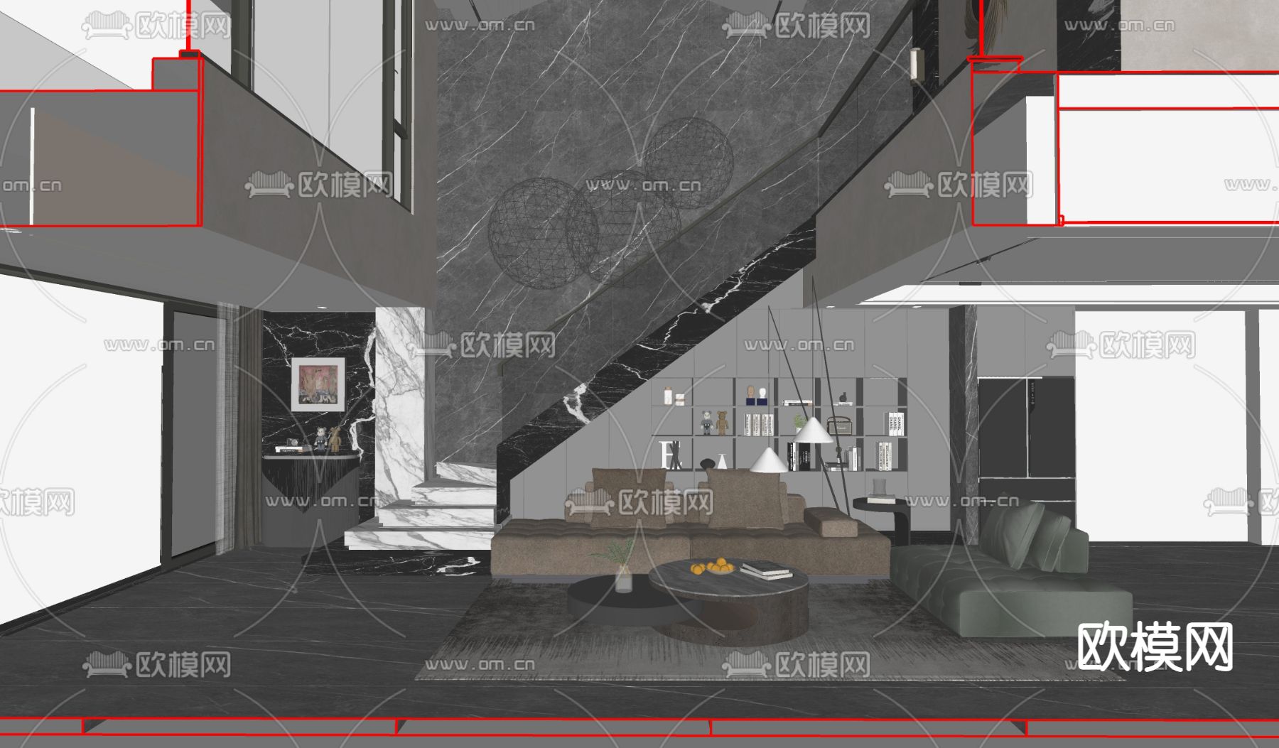 现代挑空客厅su模型下载（渲染图2）