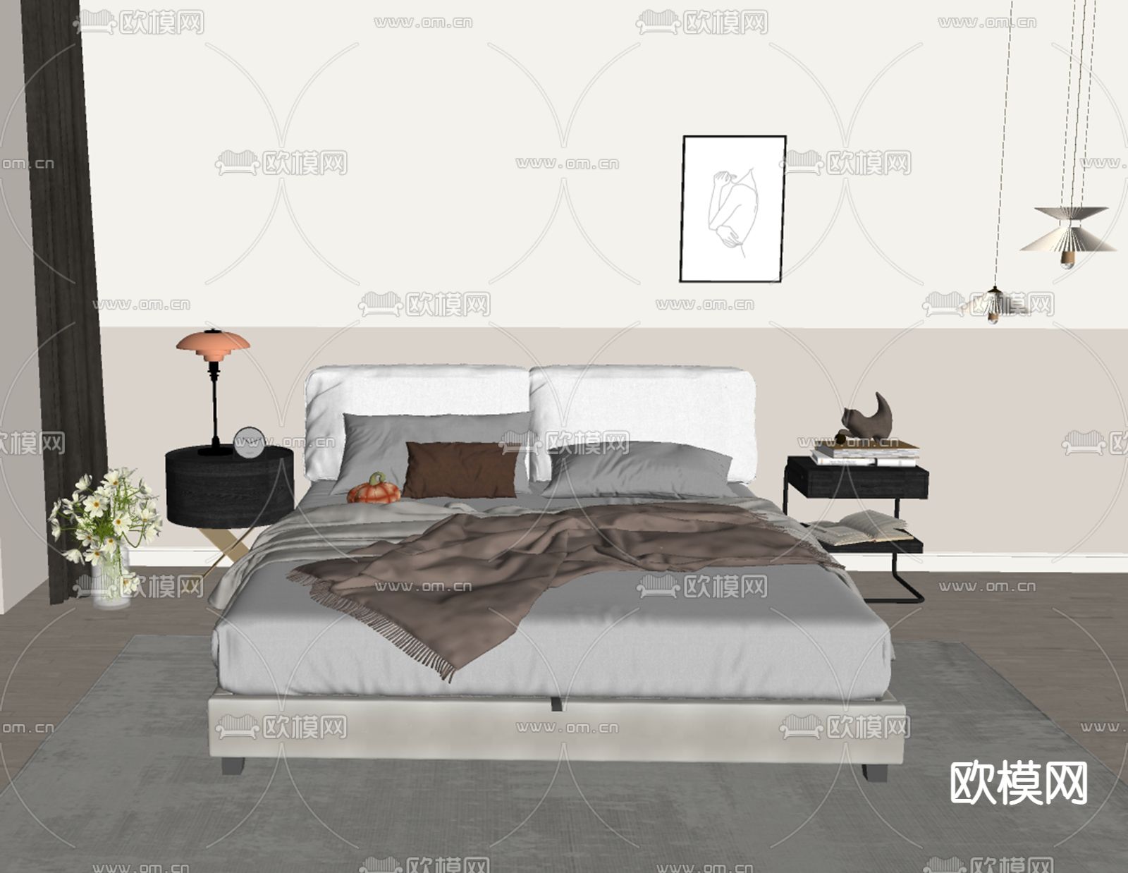 现代双人床su模型下载（渲染图2）
