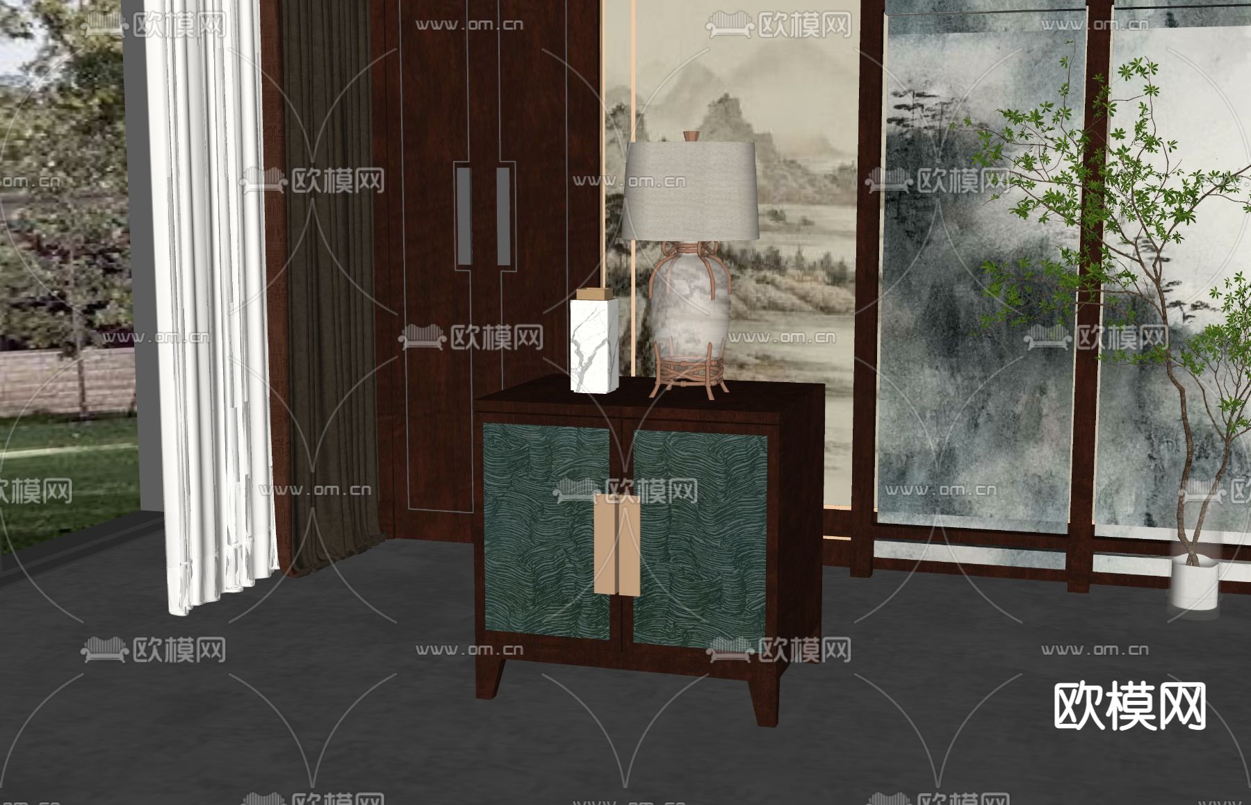 新中式床头柜su模型下载（渲染图2）