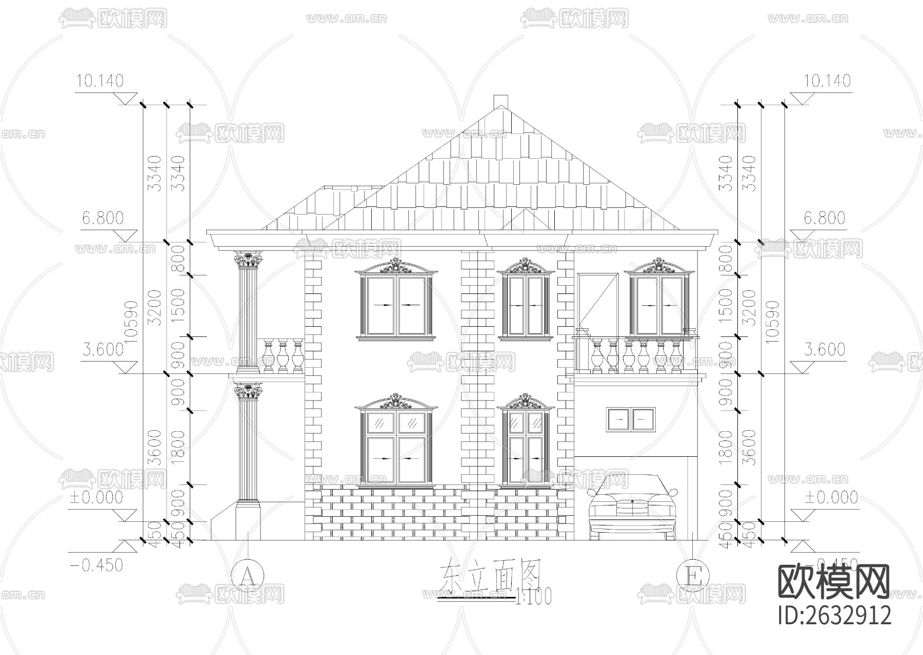 自建两层小别墅建筑CAD施工图下载（渲染图3）