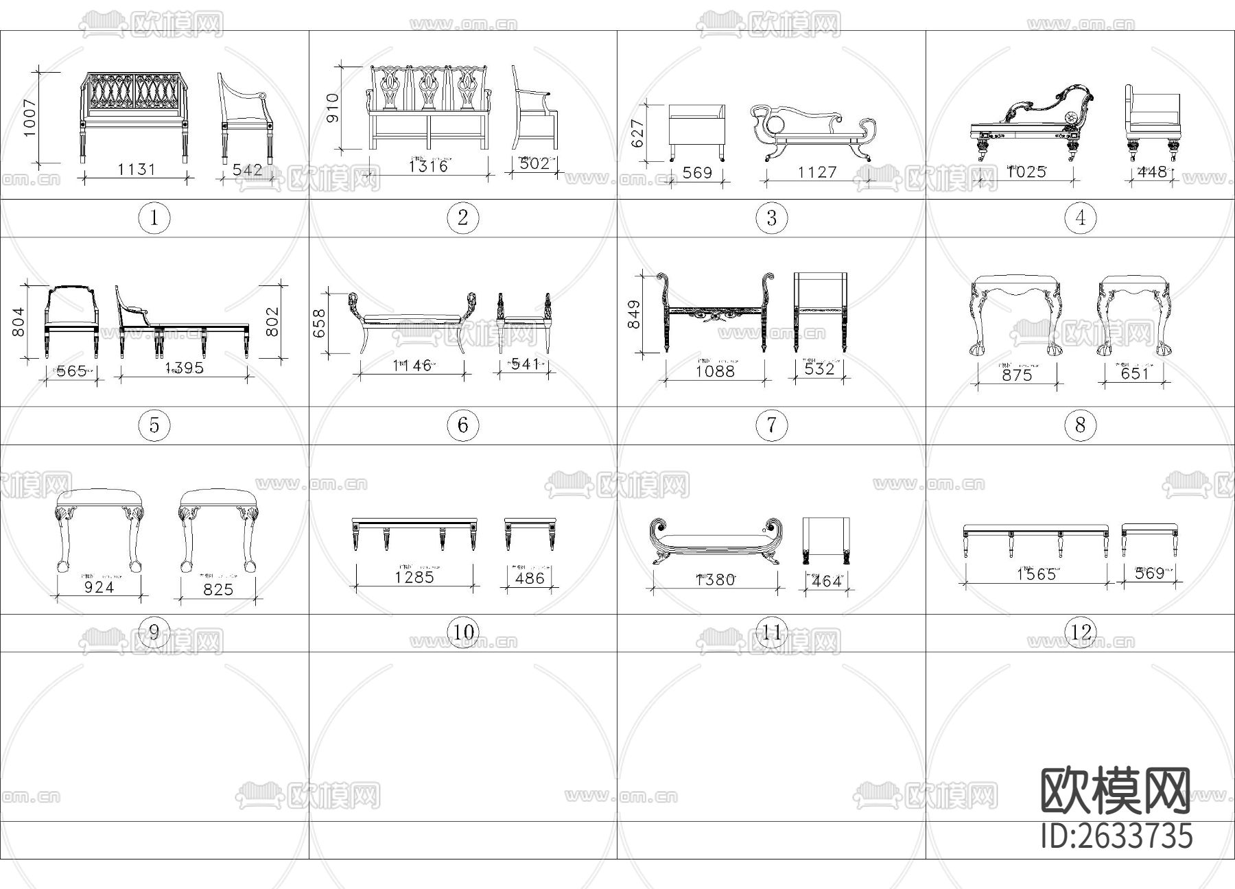 带尺寸法式风格座椅图集cad图库下载（渲染图2）