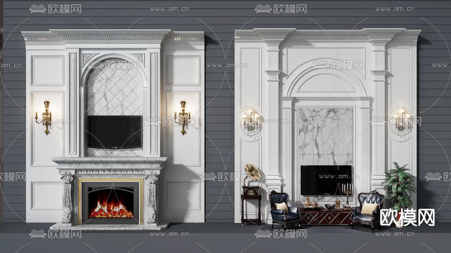 简欧壁炉背景墙su模型下载（渲染图1）