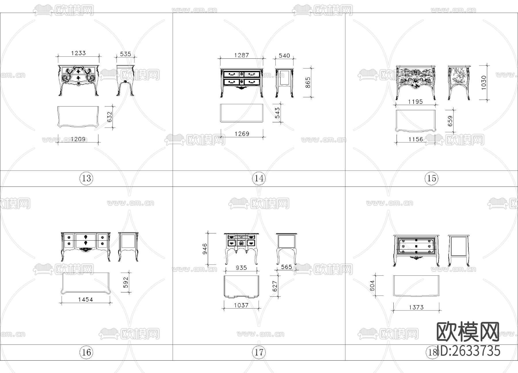 带尺寸法式风格座椅图集cad图库下载（渲染图9）