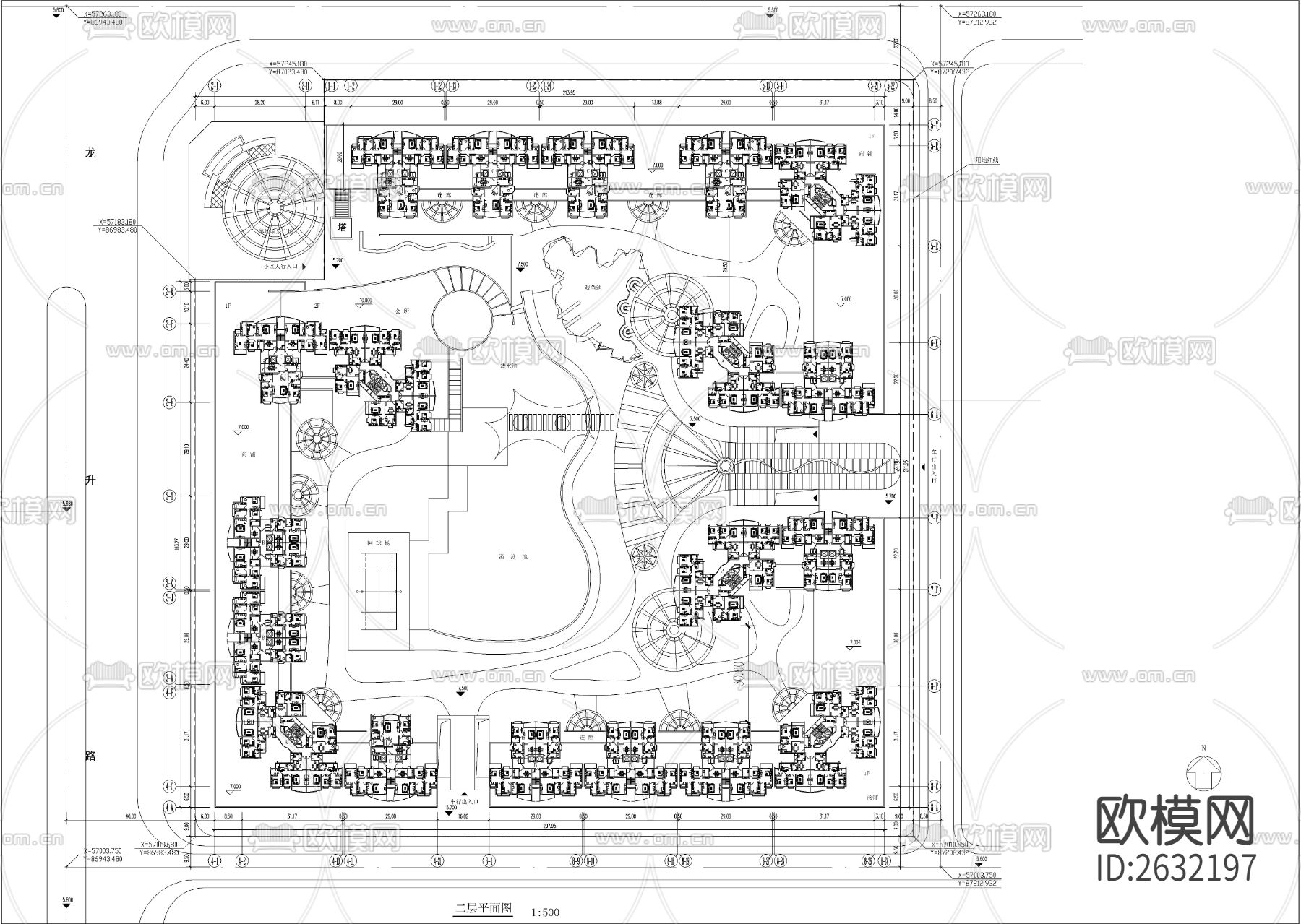 高层小区平面CAD施工图下载（渲染图3）