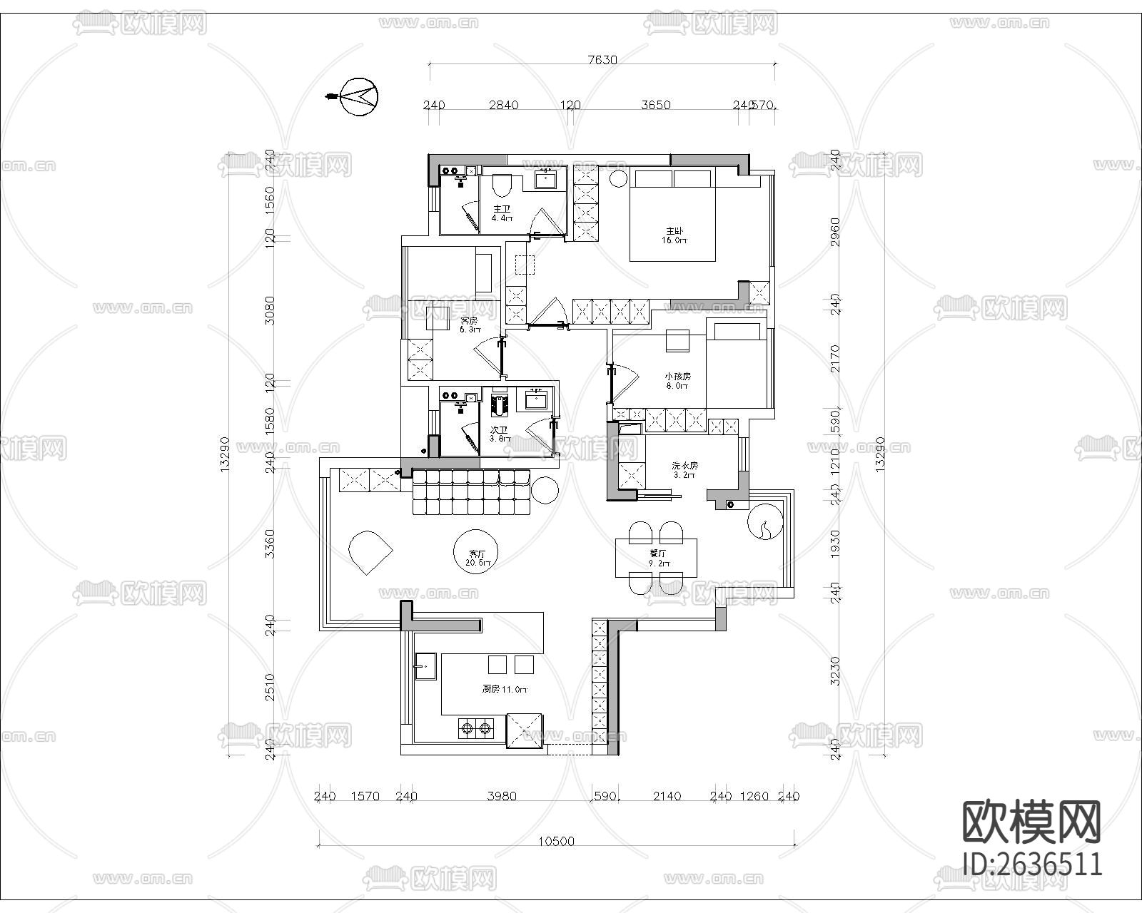大平层CAD施工图下载（渲染图1）