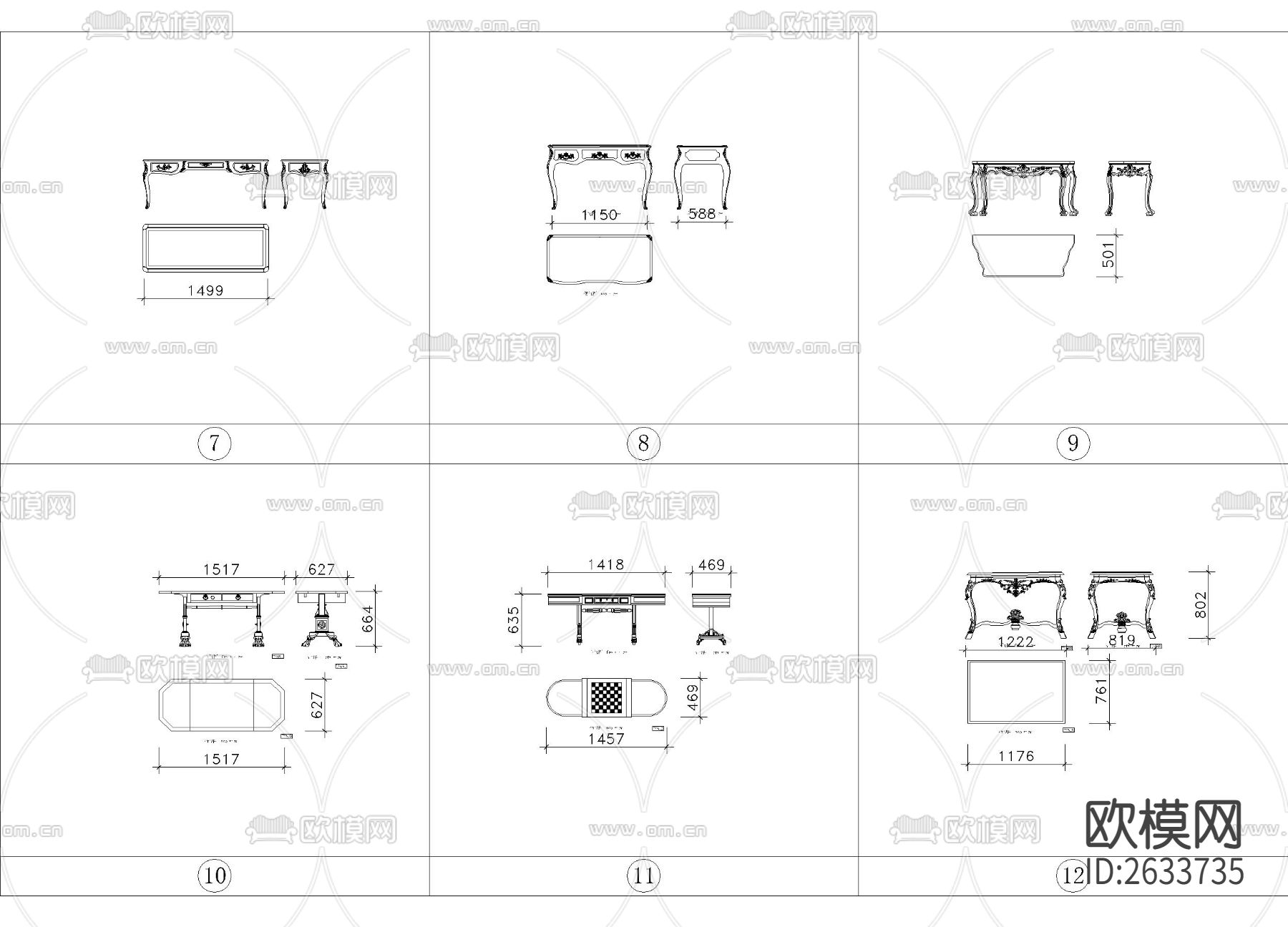 带尺寸法式风格座椅图集cad图库下载（渲染图8）