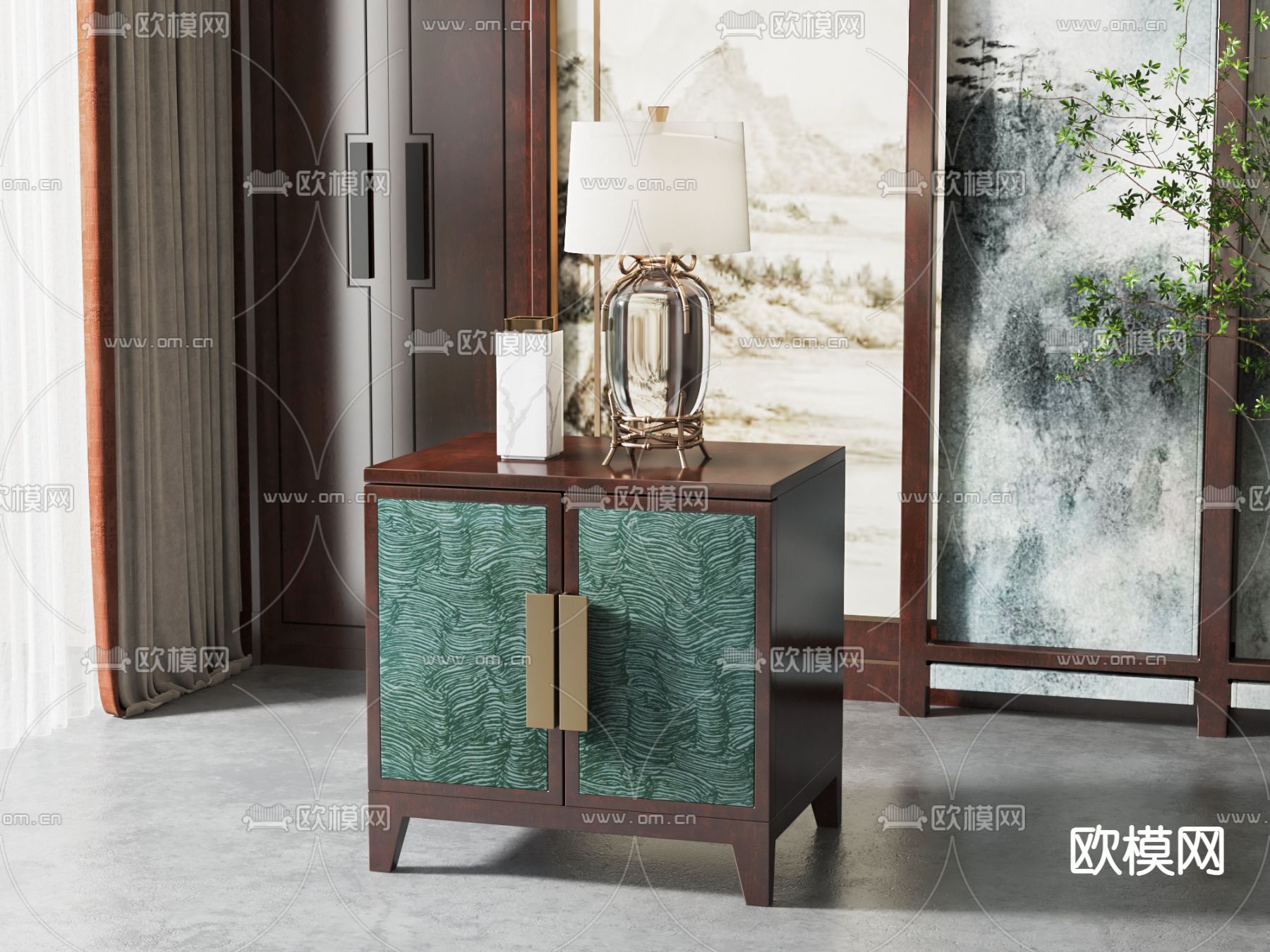 新中式床头柜su模型下载（渲染图1）